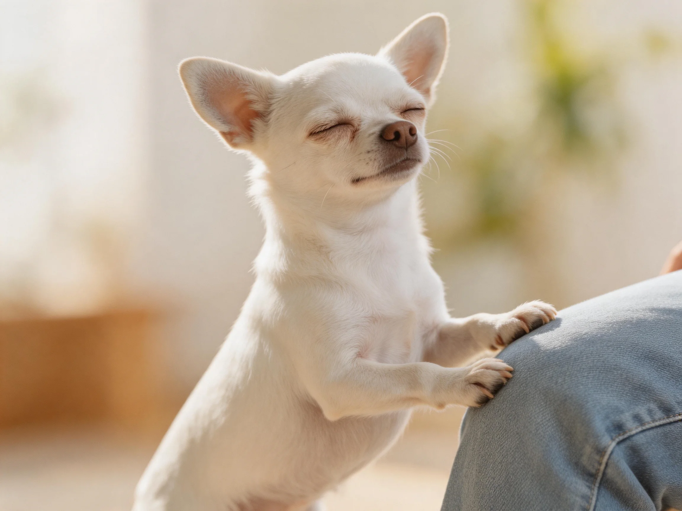 A small white Chihuahua stands on a person’s denim-covered leg