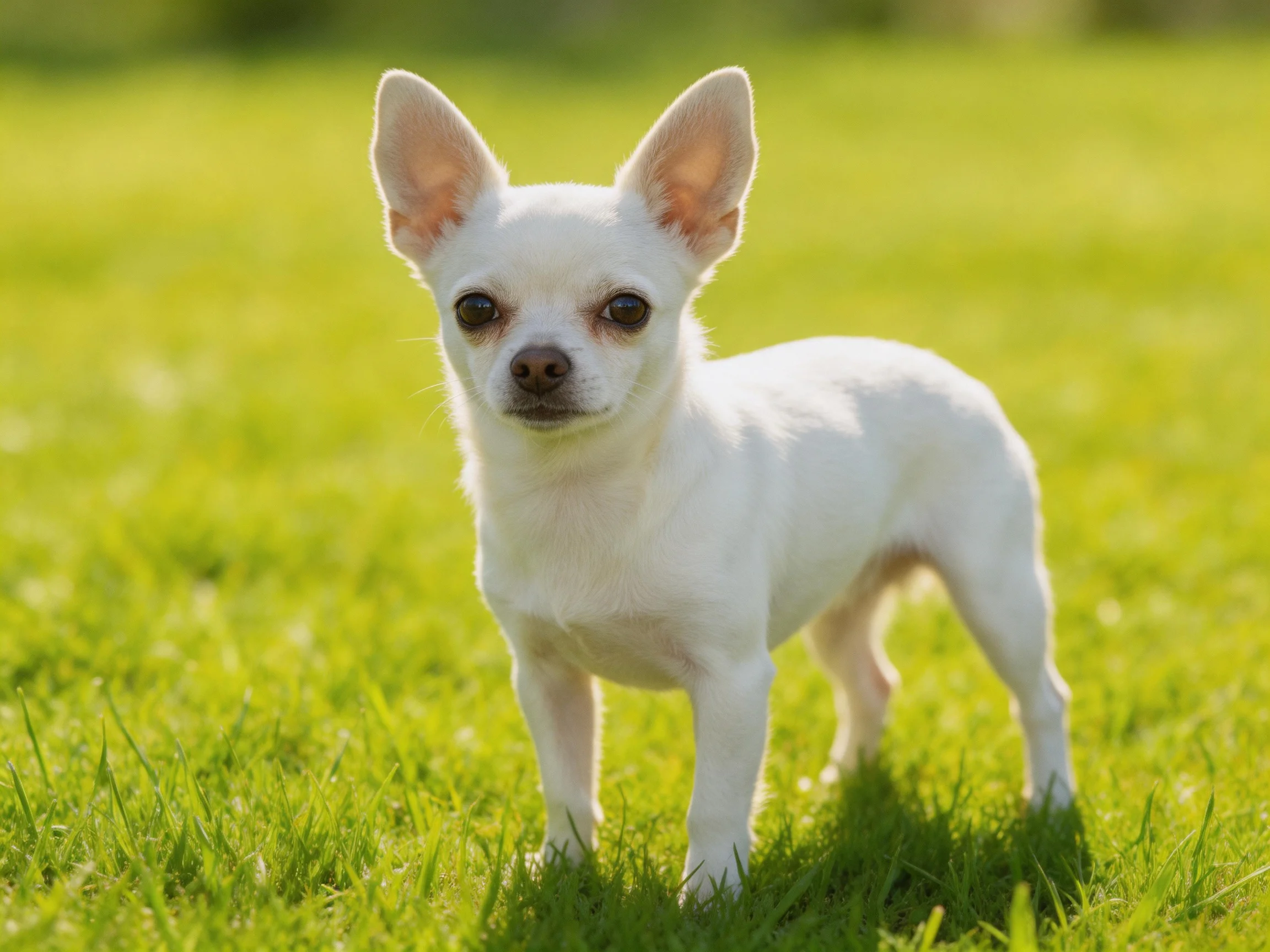 A small white Chihuahua stands on lush green grass