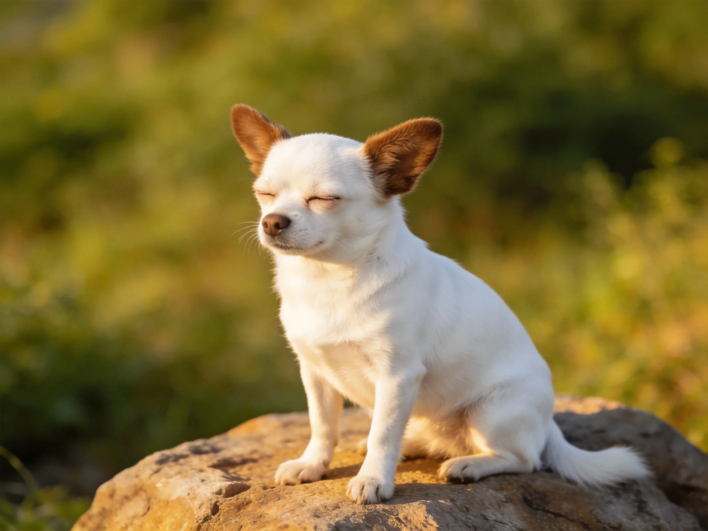 A small white Chihuahua with brown ears sits on a large brown rock outdoors