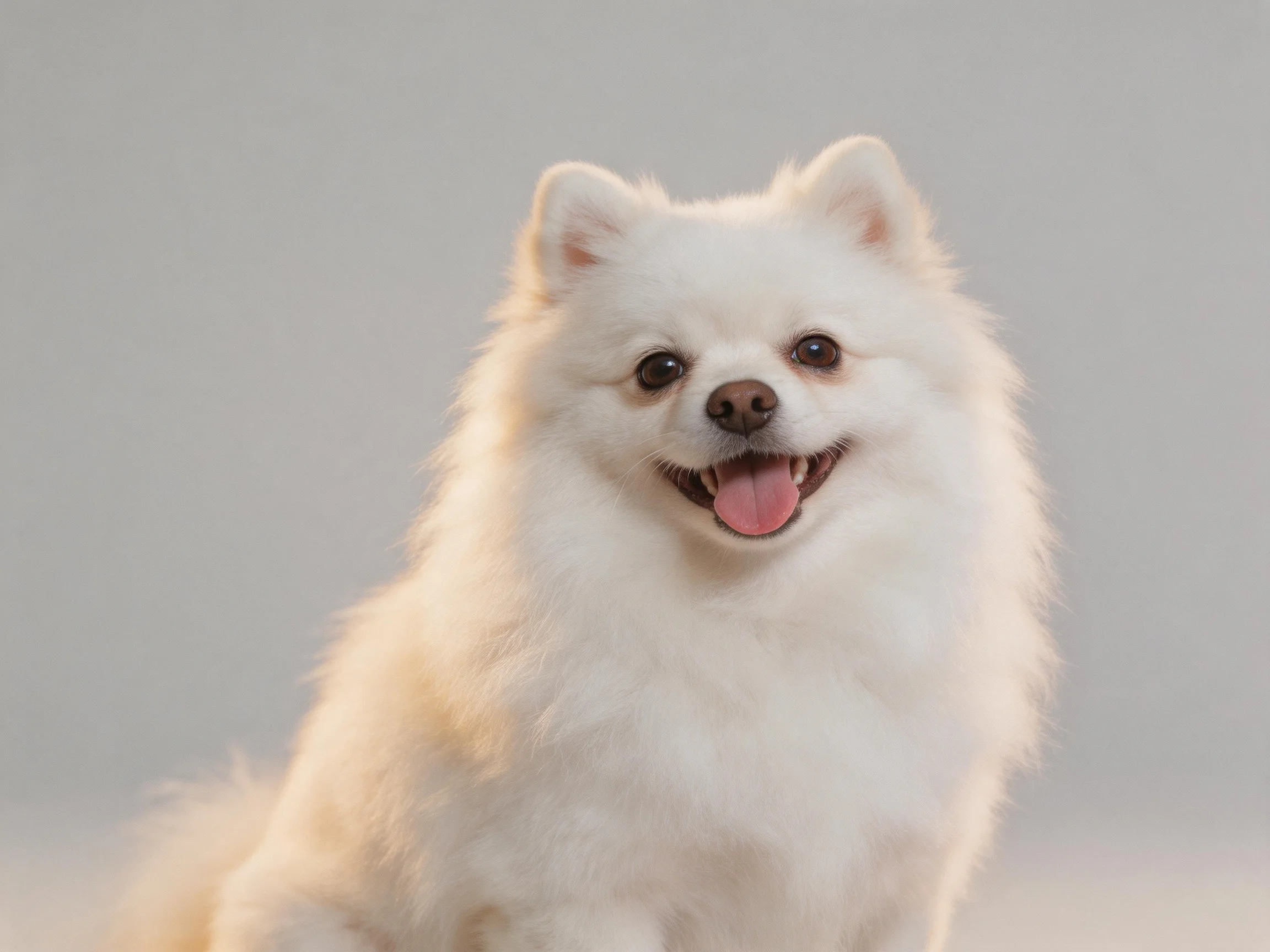 A small white Pomeranian dog with fluffy fur and happy expression