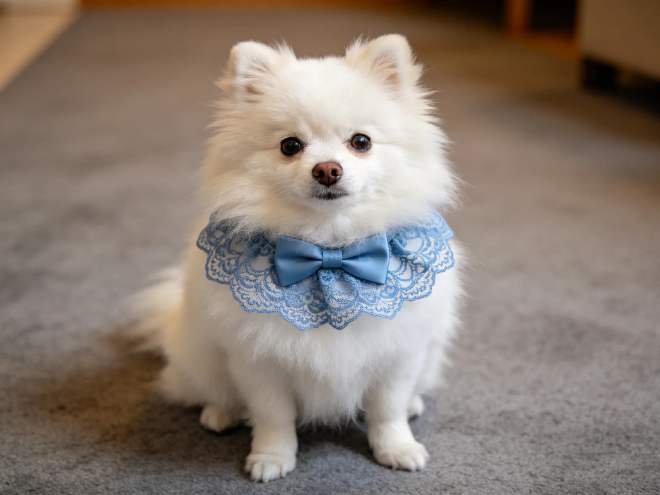 A small white Pomeranian wearing a blue lacebow tie collar