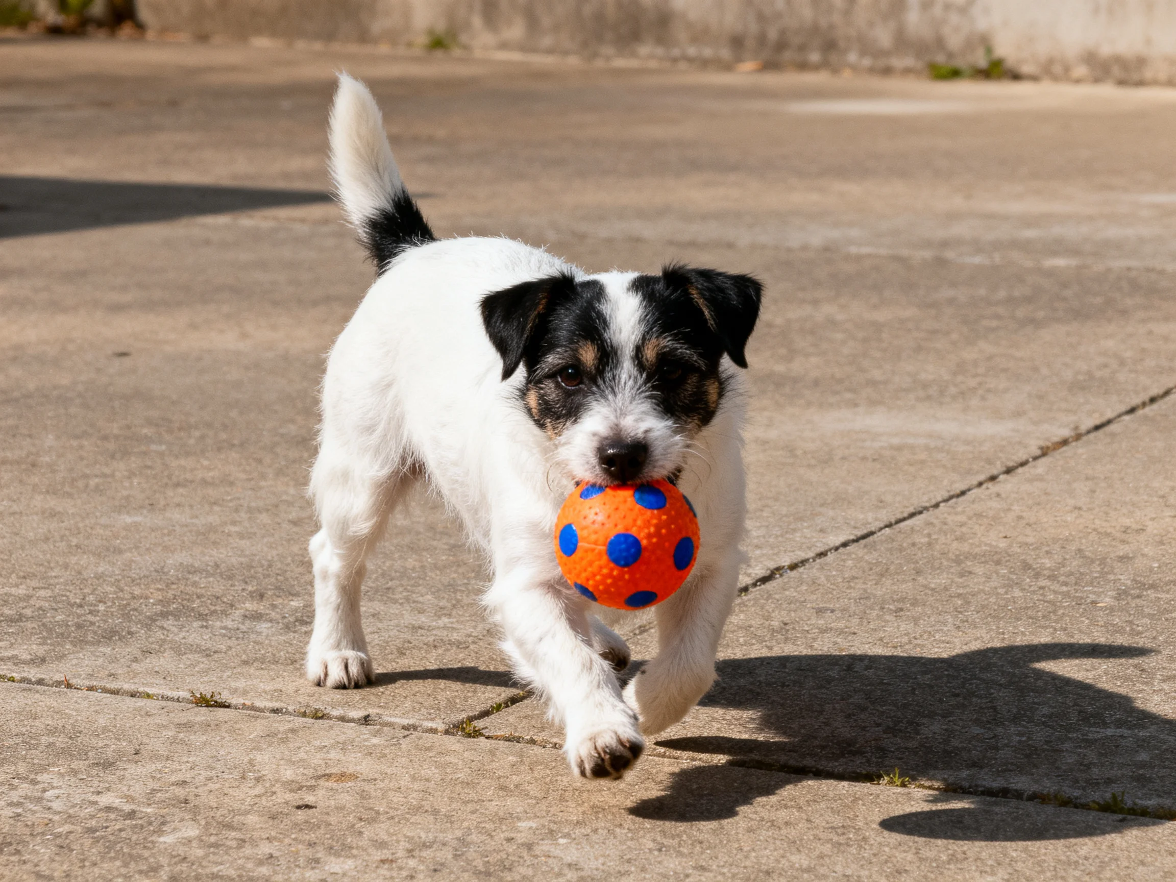A small white and black dog carrying an orange ball with blue spots