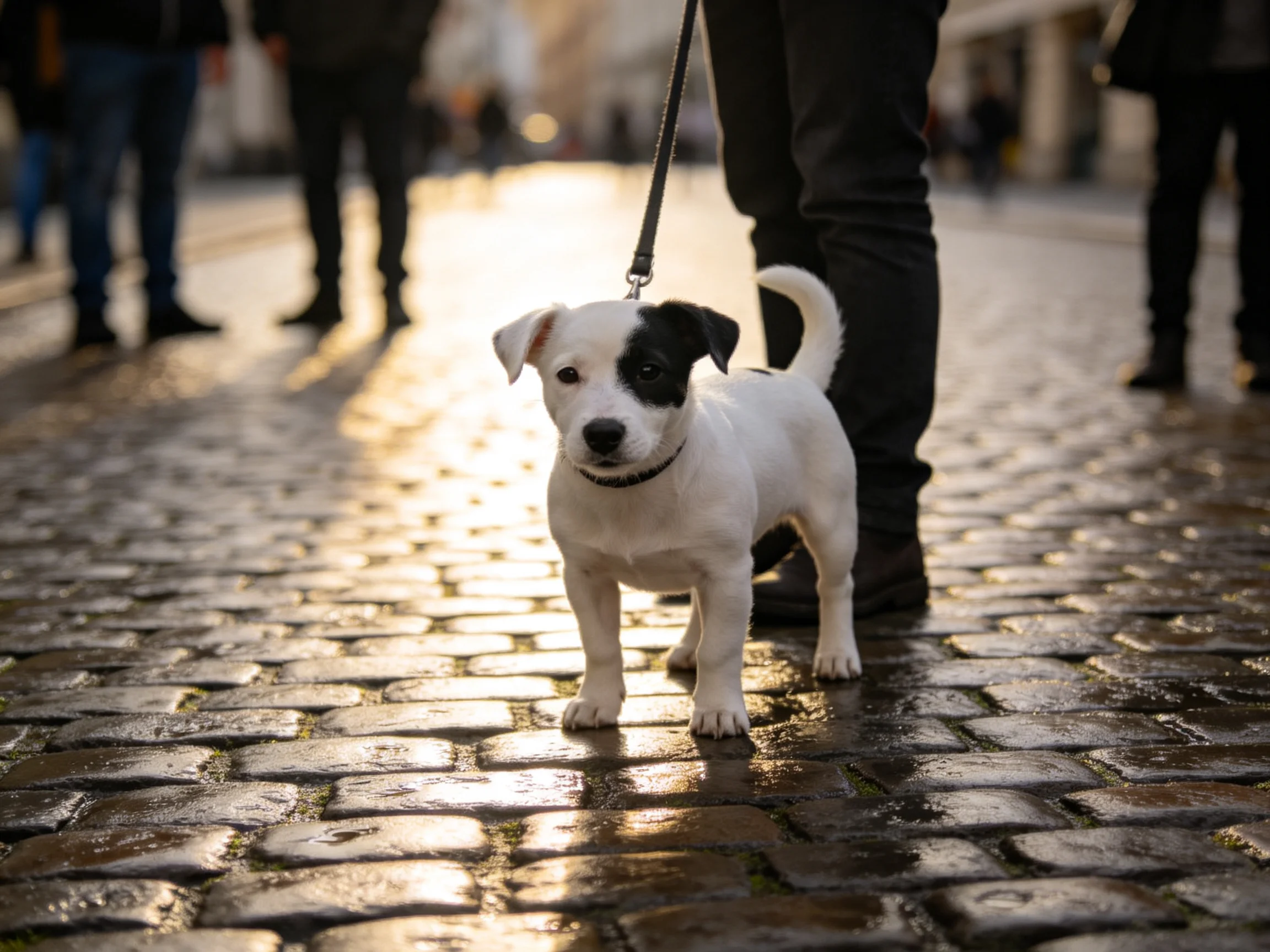 A small white and black puppy stands on a wet cobblestone street.