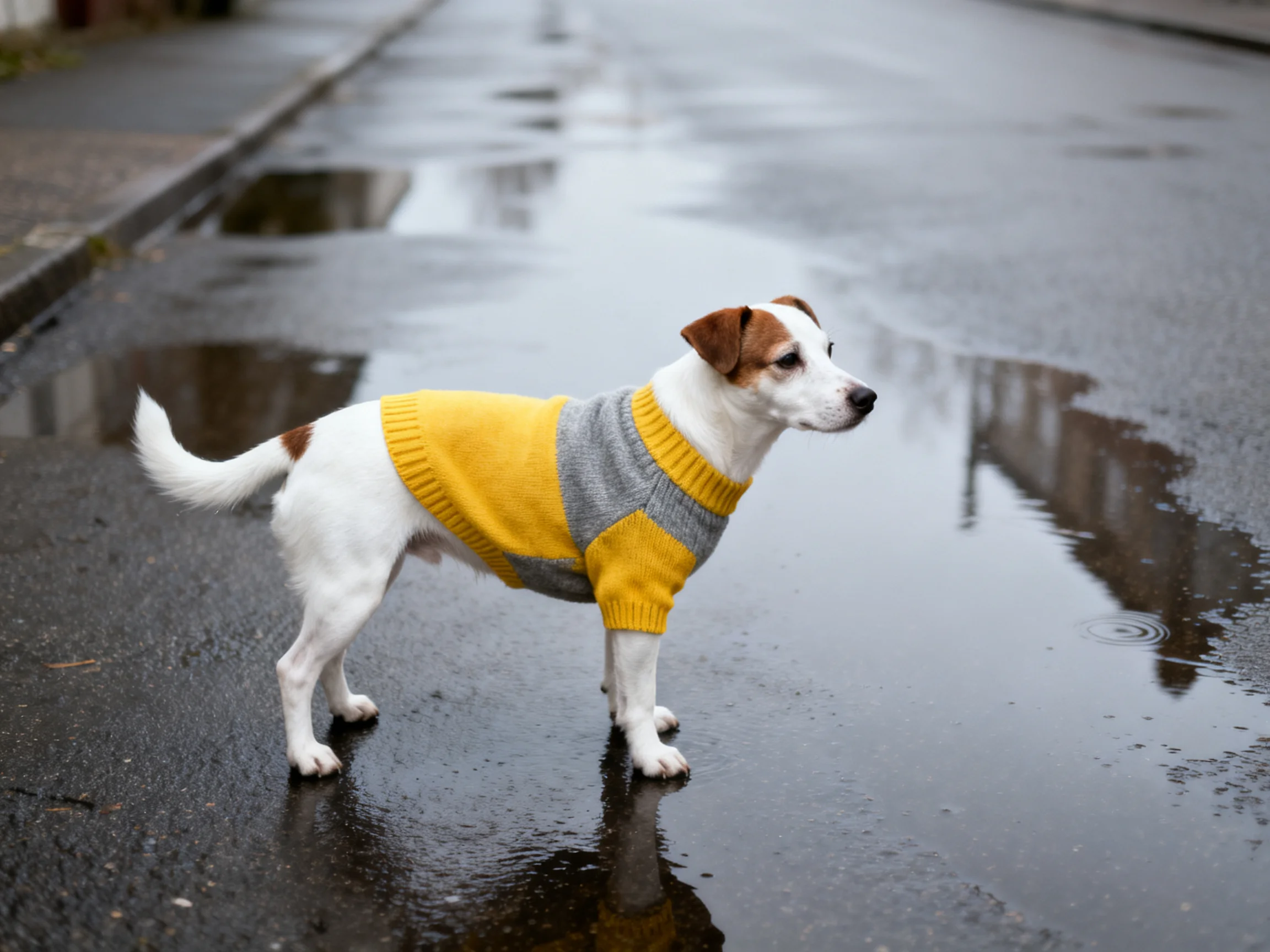 A small white and brown dog in a yellow-gray sweater on a wet street