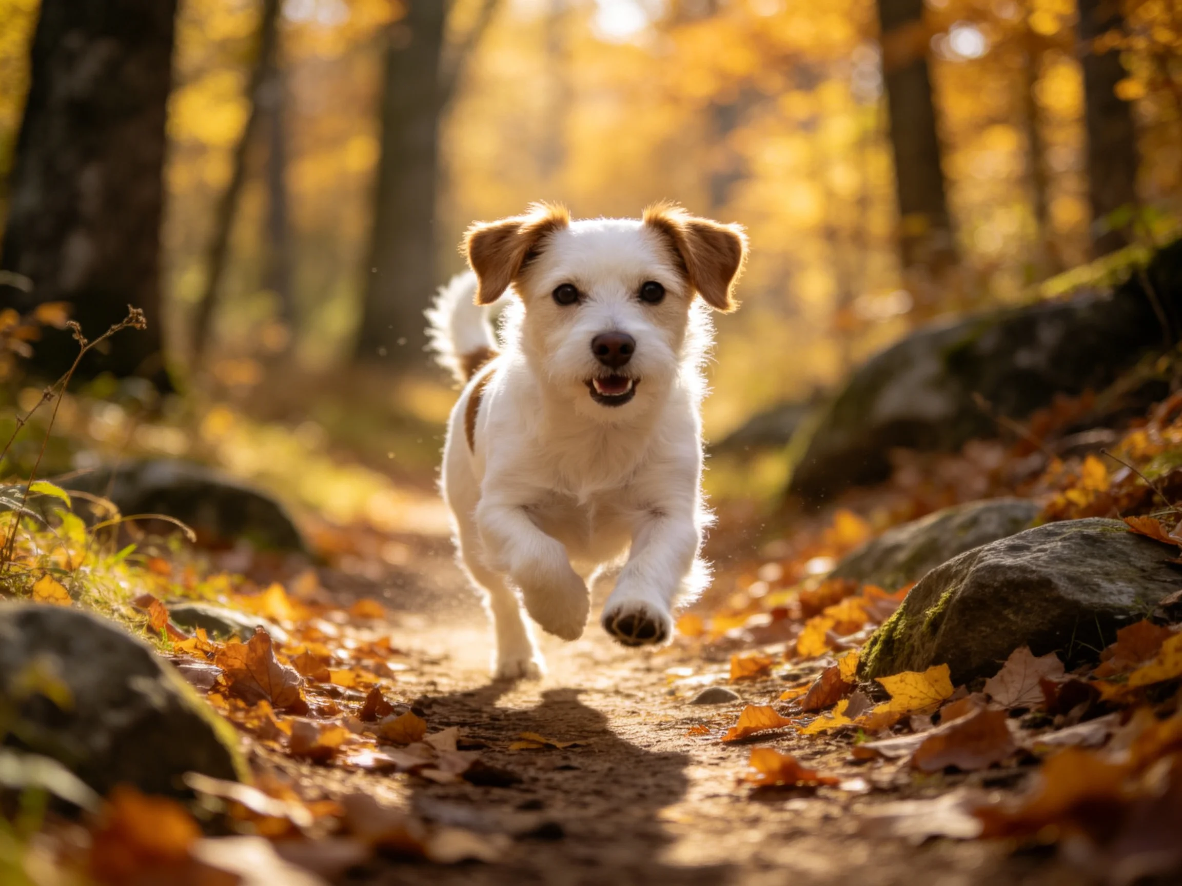 A small white and brown dog joyfully runs through a golden leaf-strewn forest trail