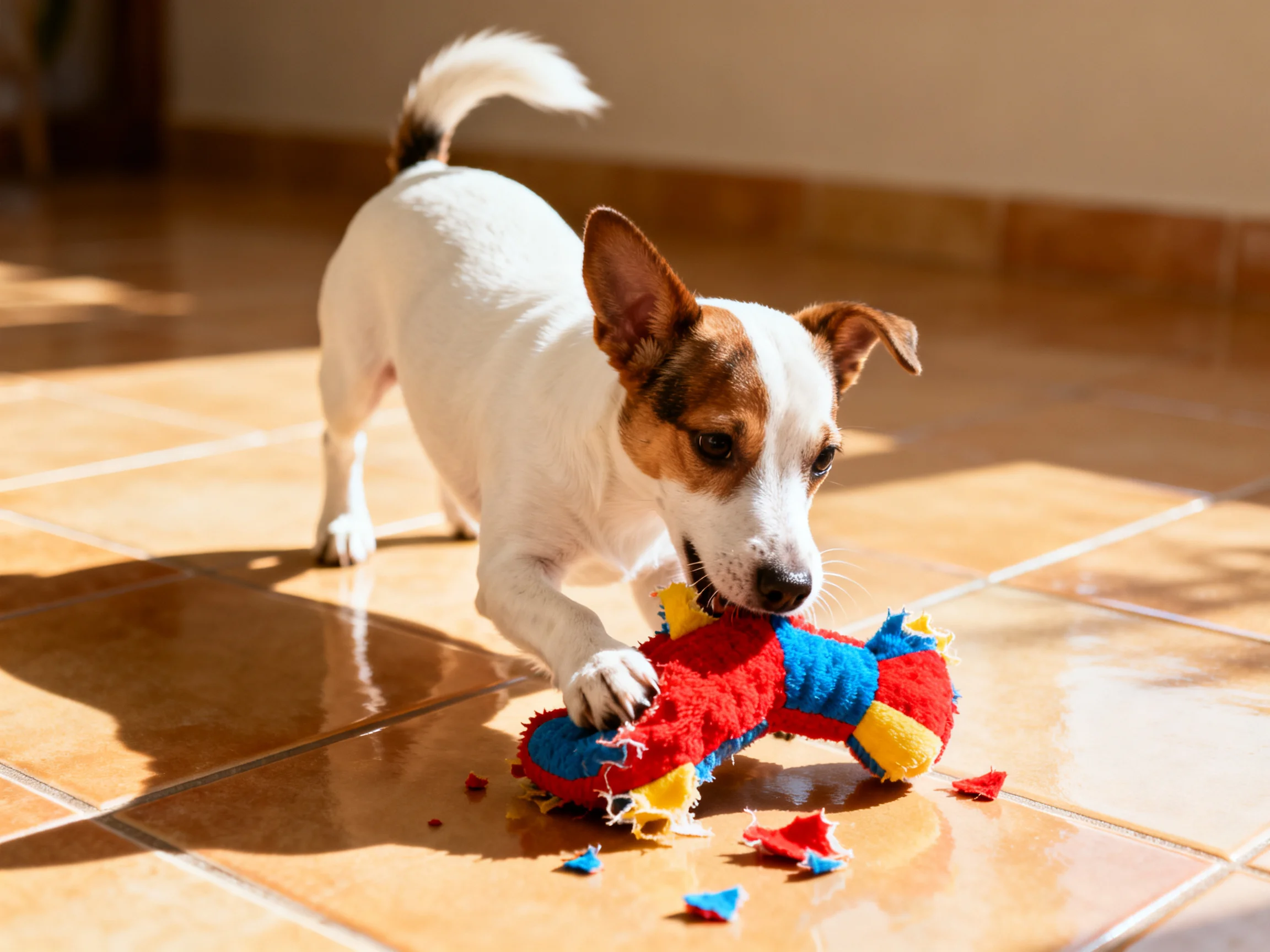 A small white and brown dog plays with a torn red, blue, and yellow plush toy