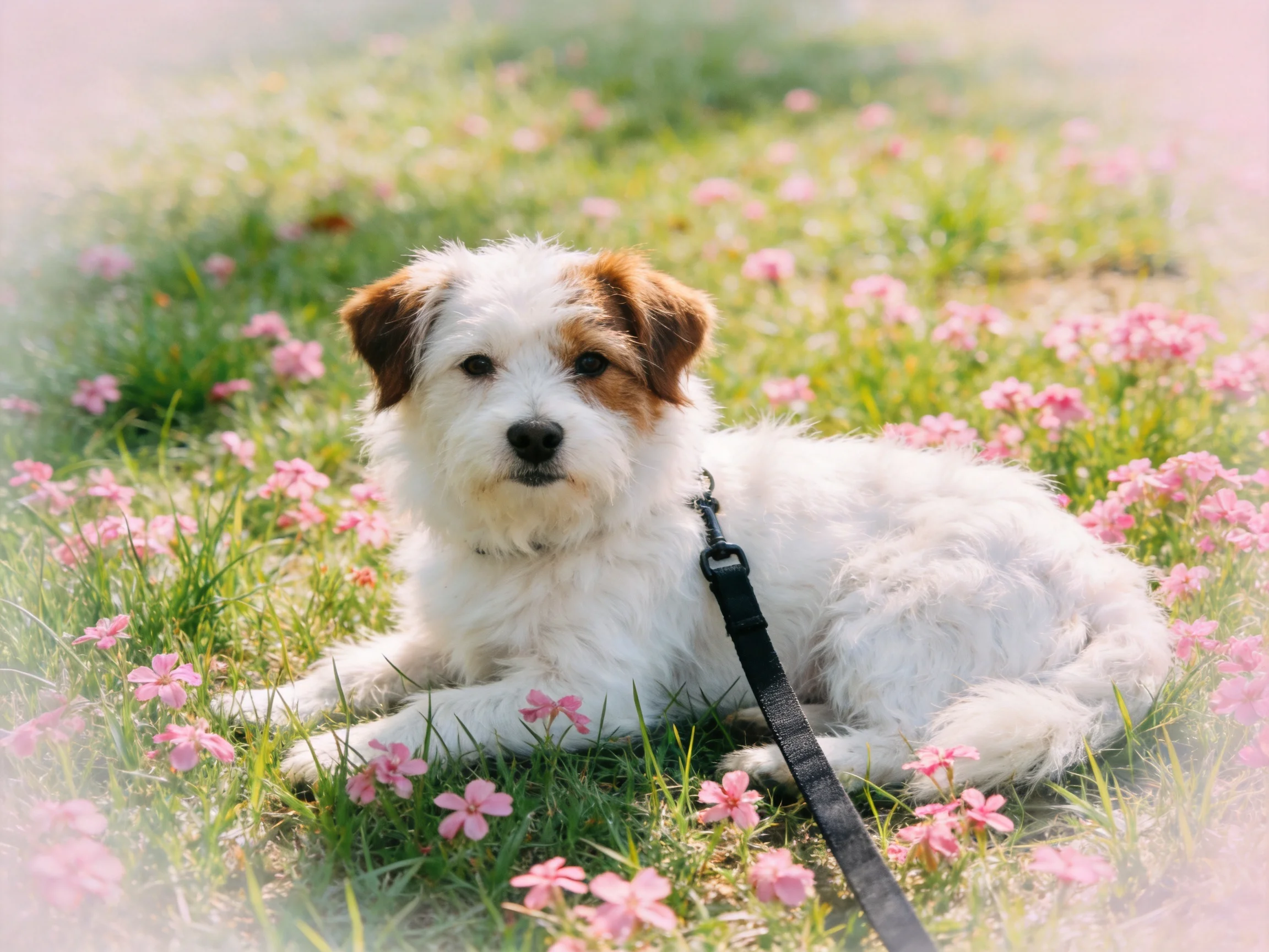 A small white and brown dog rests among pink flowers in a grassy field