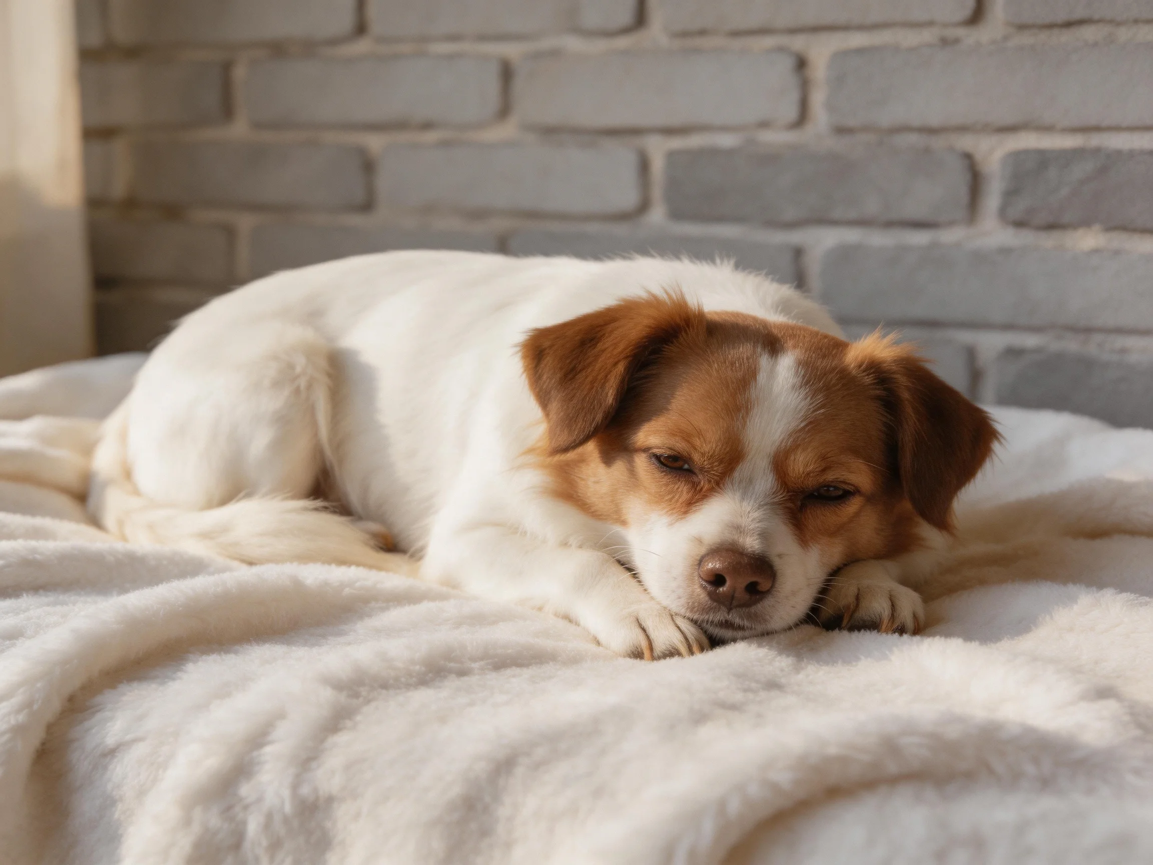 A small white and brown dog rests on a plush bed in front of a gray brick wall.