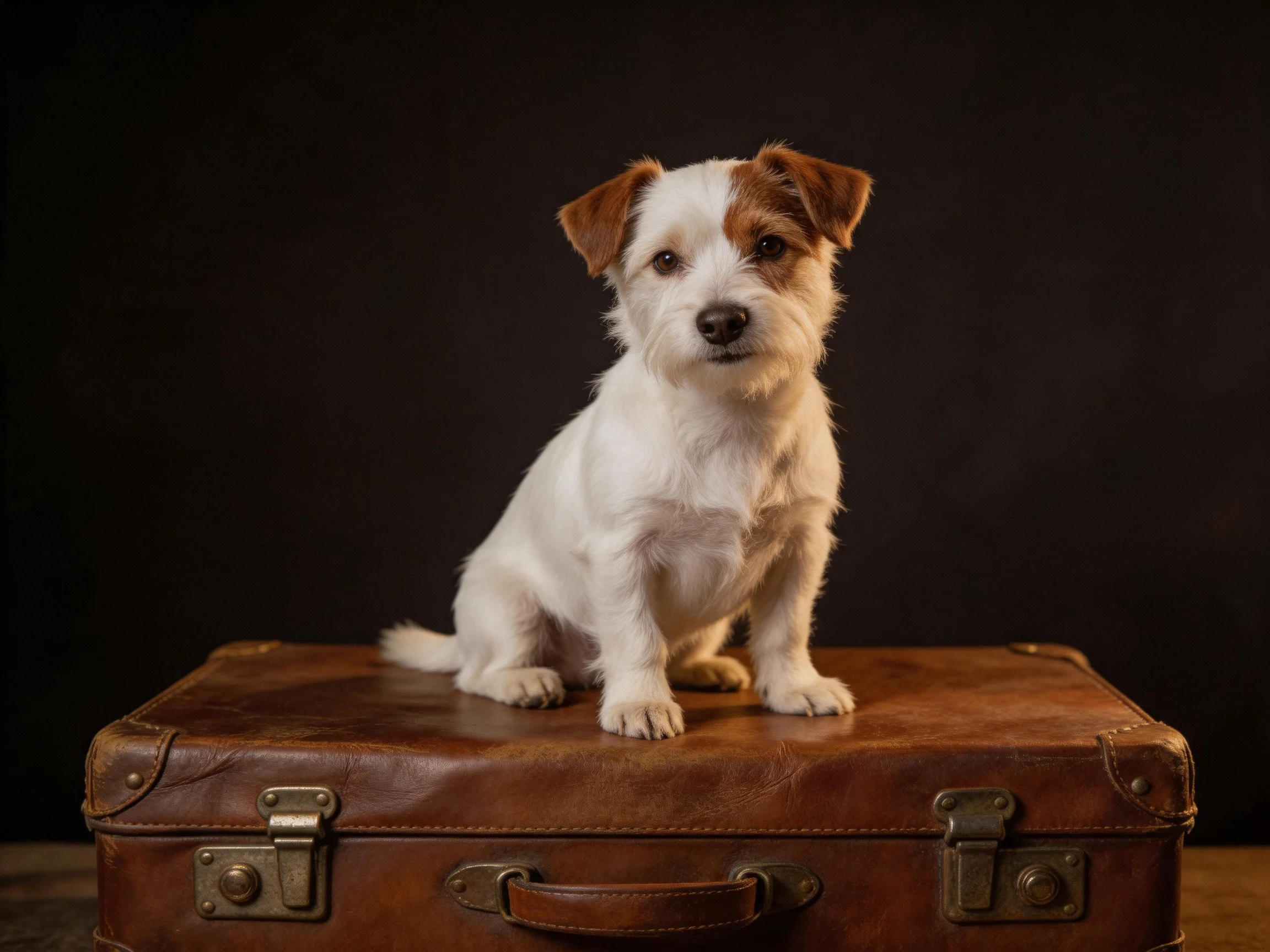 A small dog with white and brown fur sits on a vintage brown suitcase.