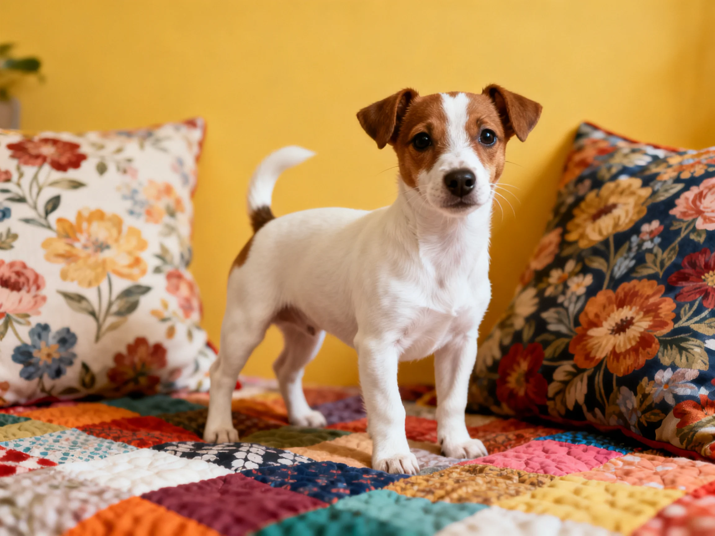 A small white and brown dog stands on a colorful patchwork quilt near floral cushions