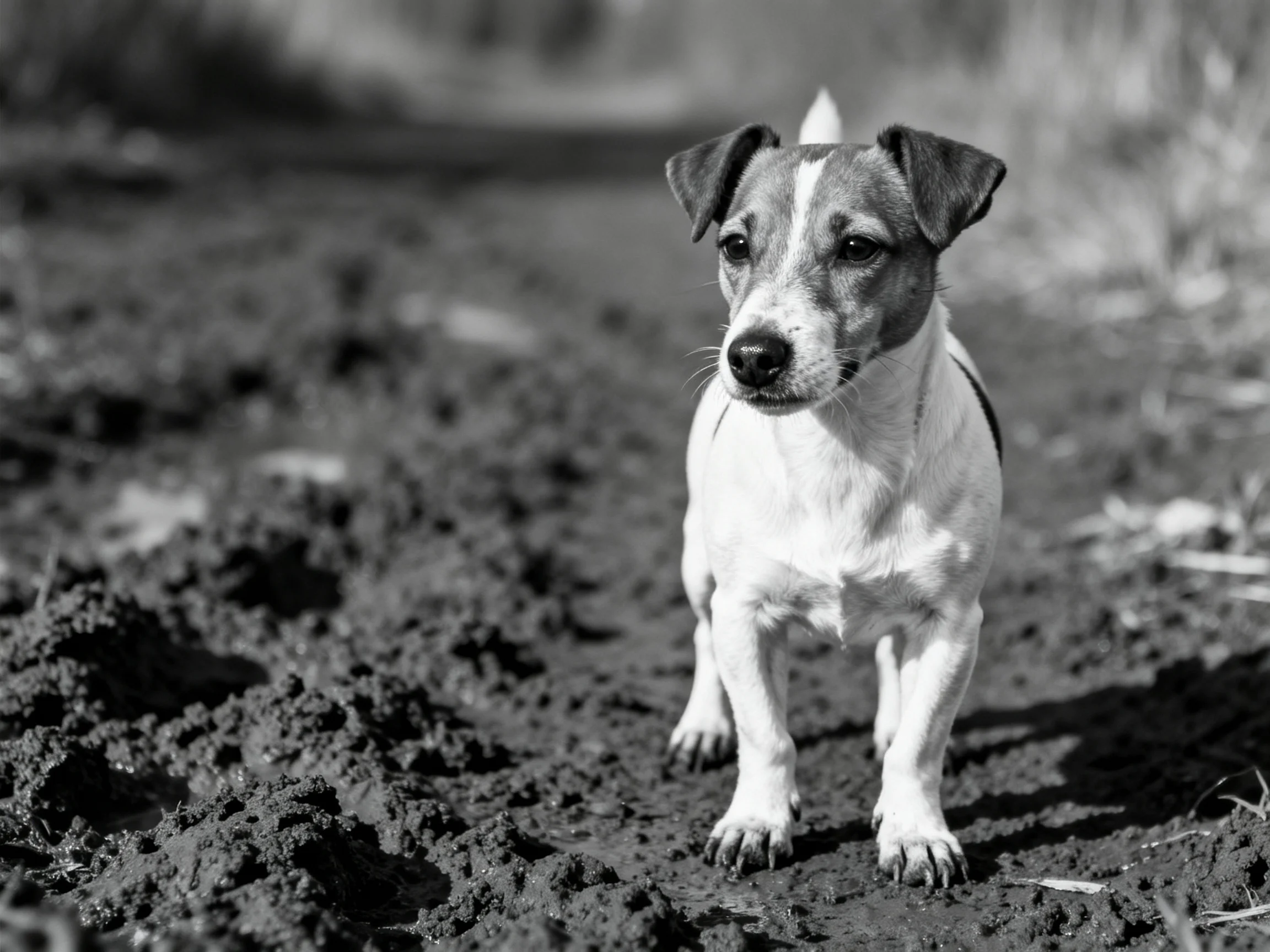 A small dog stands on muddy ground in an outdoor environment.