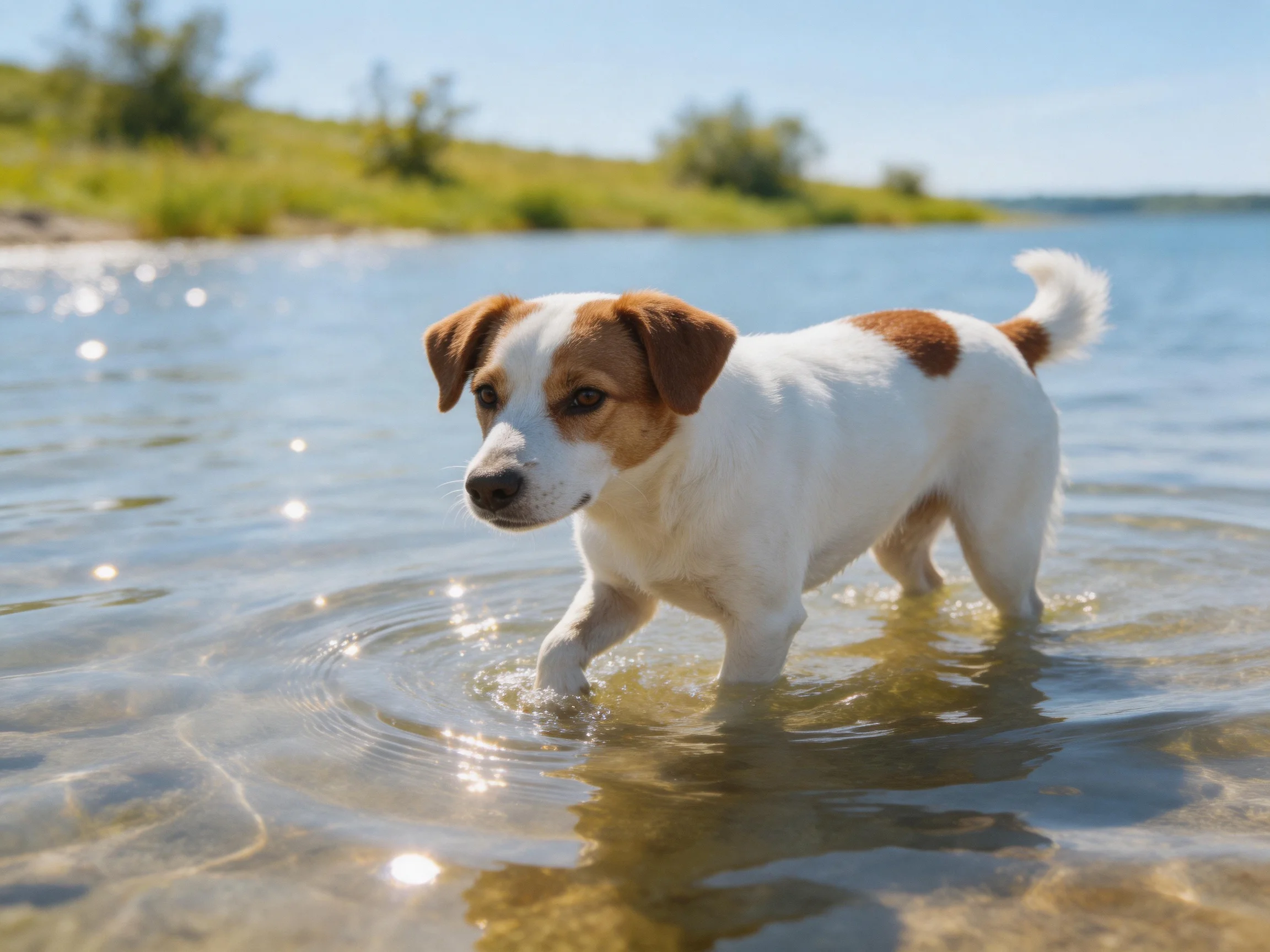 A small white and brown dog explores shallow, sunlit water by a grassy lakeside.