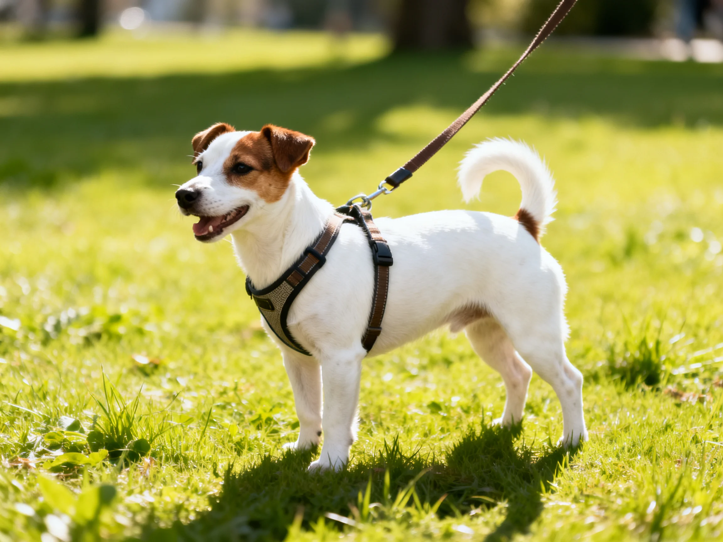 A small white and brown dog wearing a harness on green grass
