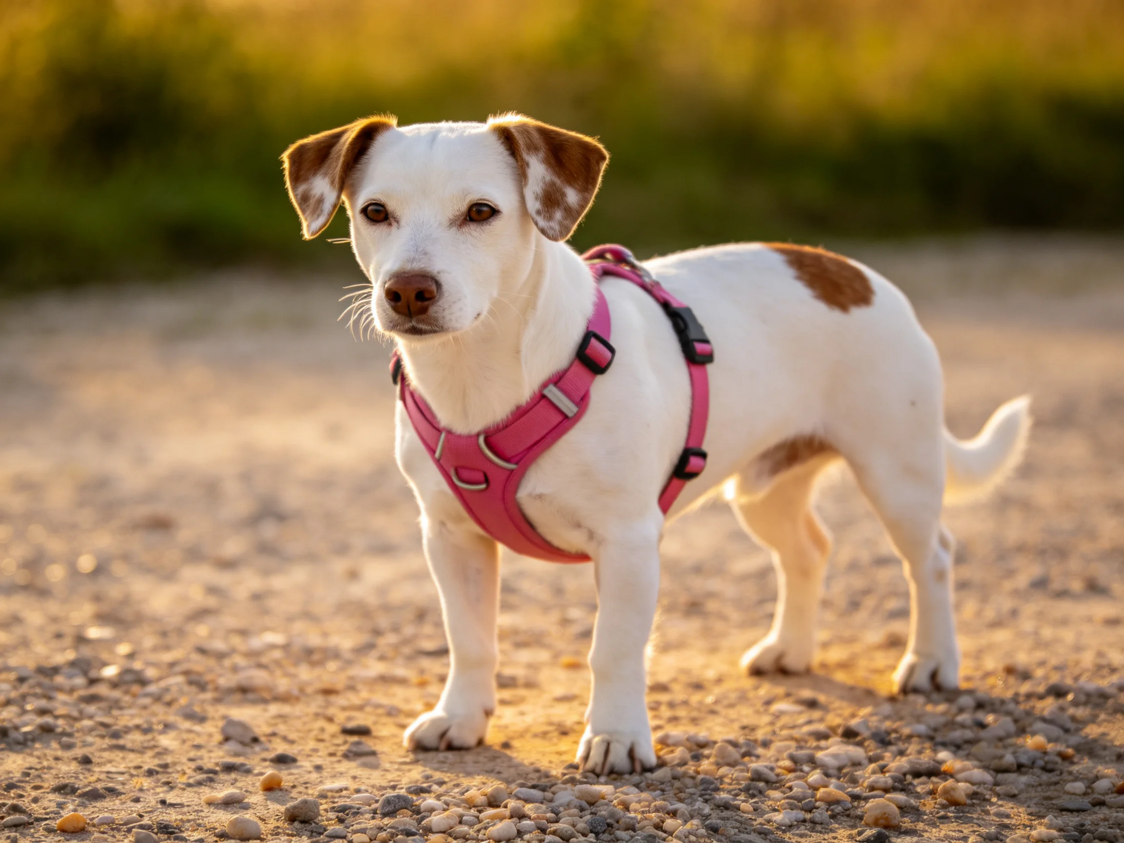 A small white and brown dog wearing a pink harness stands on a gravel path
