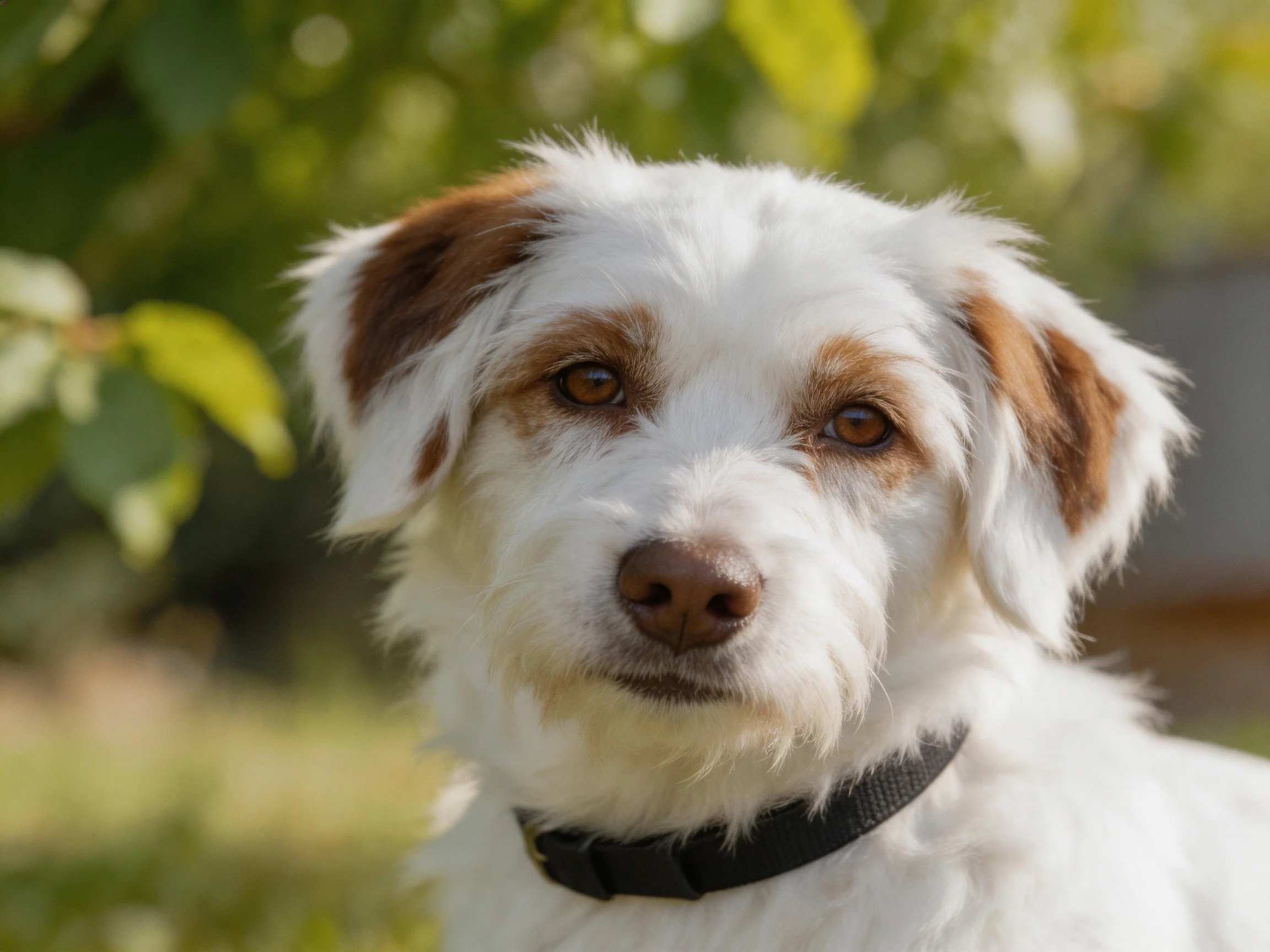 A small white and brown dog with a black collar stands outdoors.