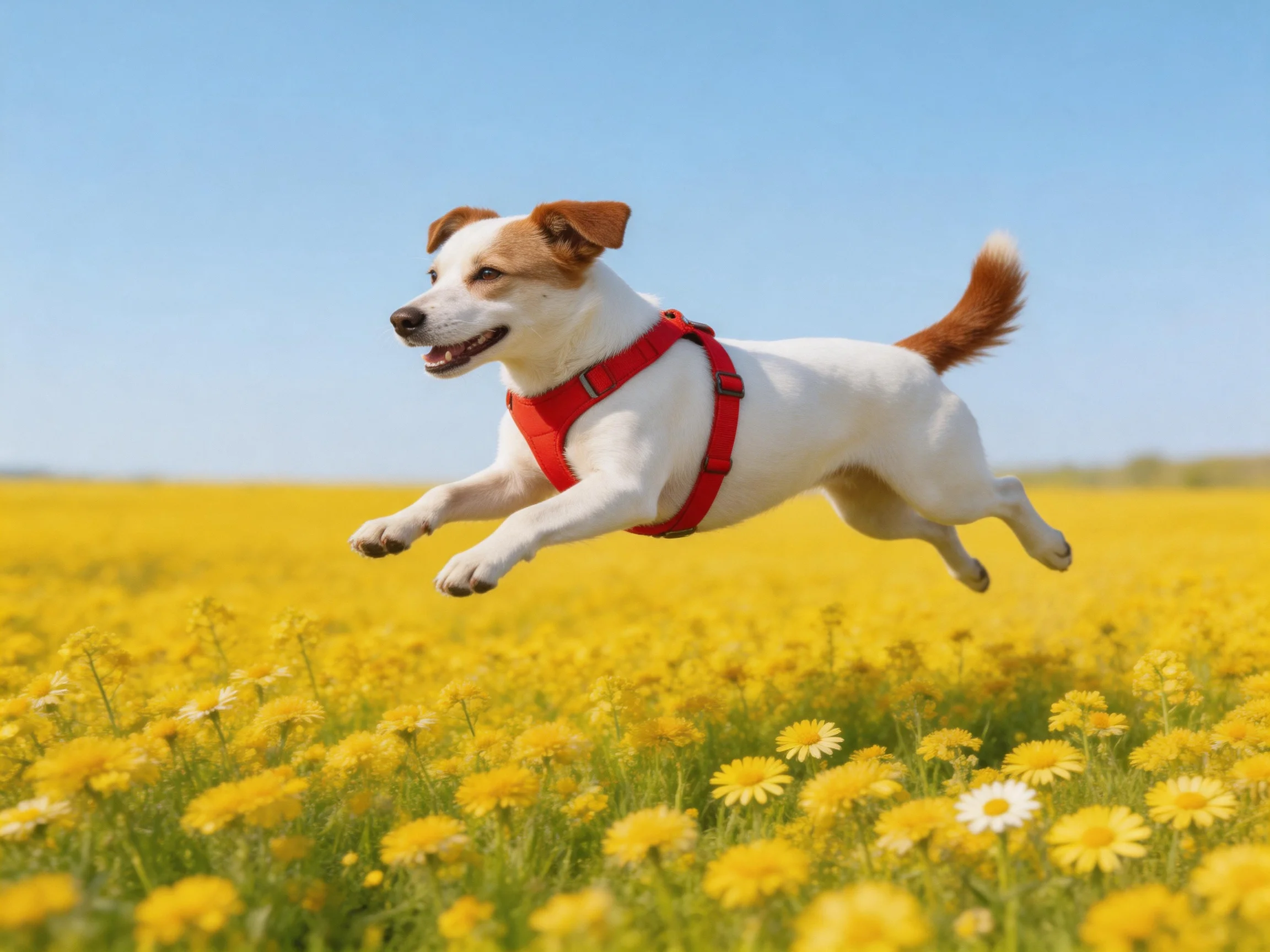 A small dog wearing a red harness jumps through a field of yellow flowers