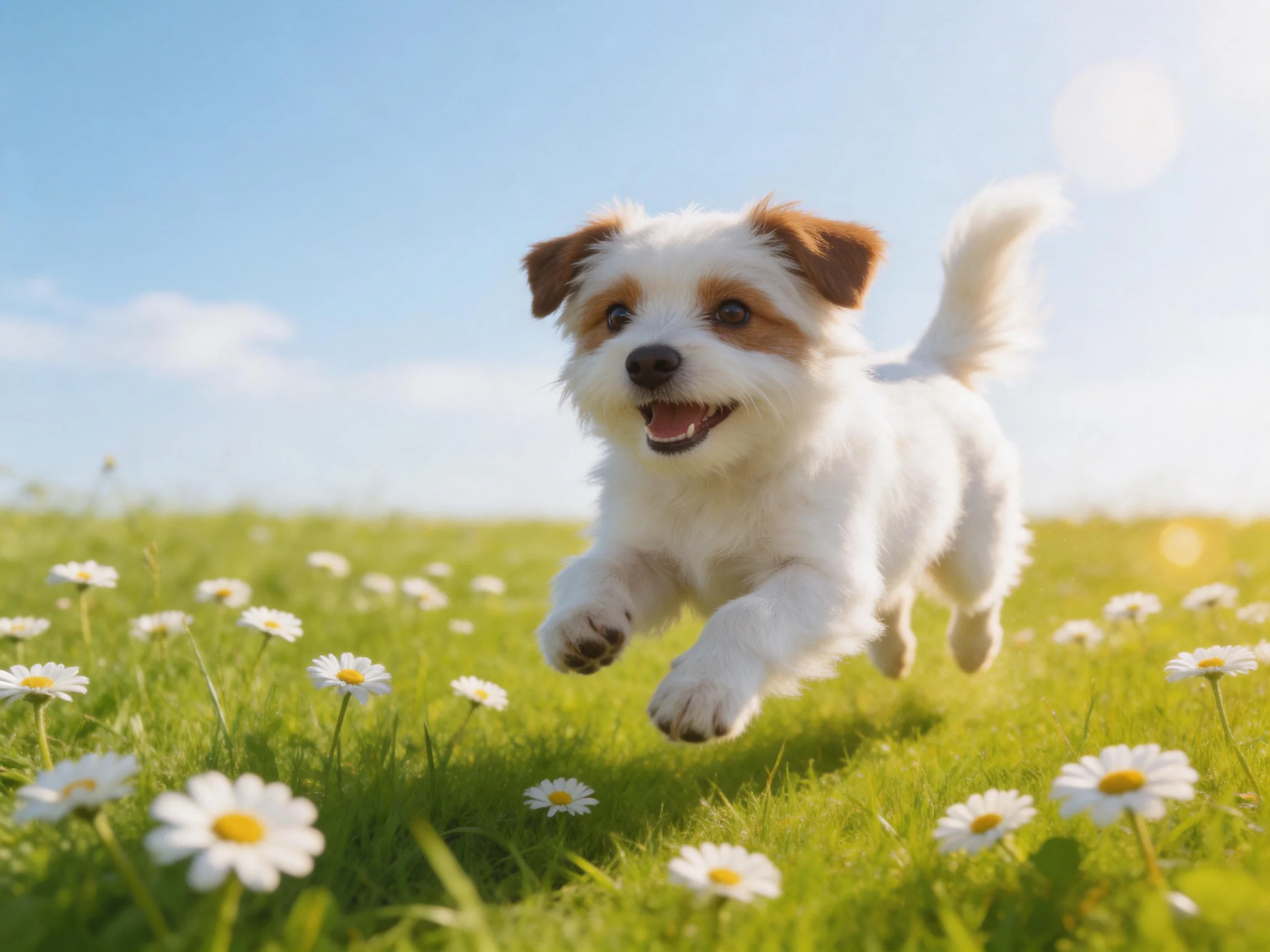 A joyful puppy runs through a daisy-covered meadow on a sunny day