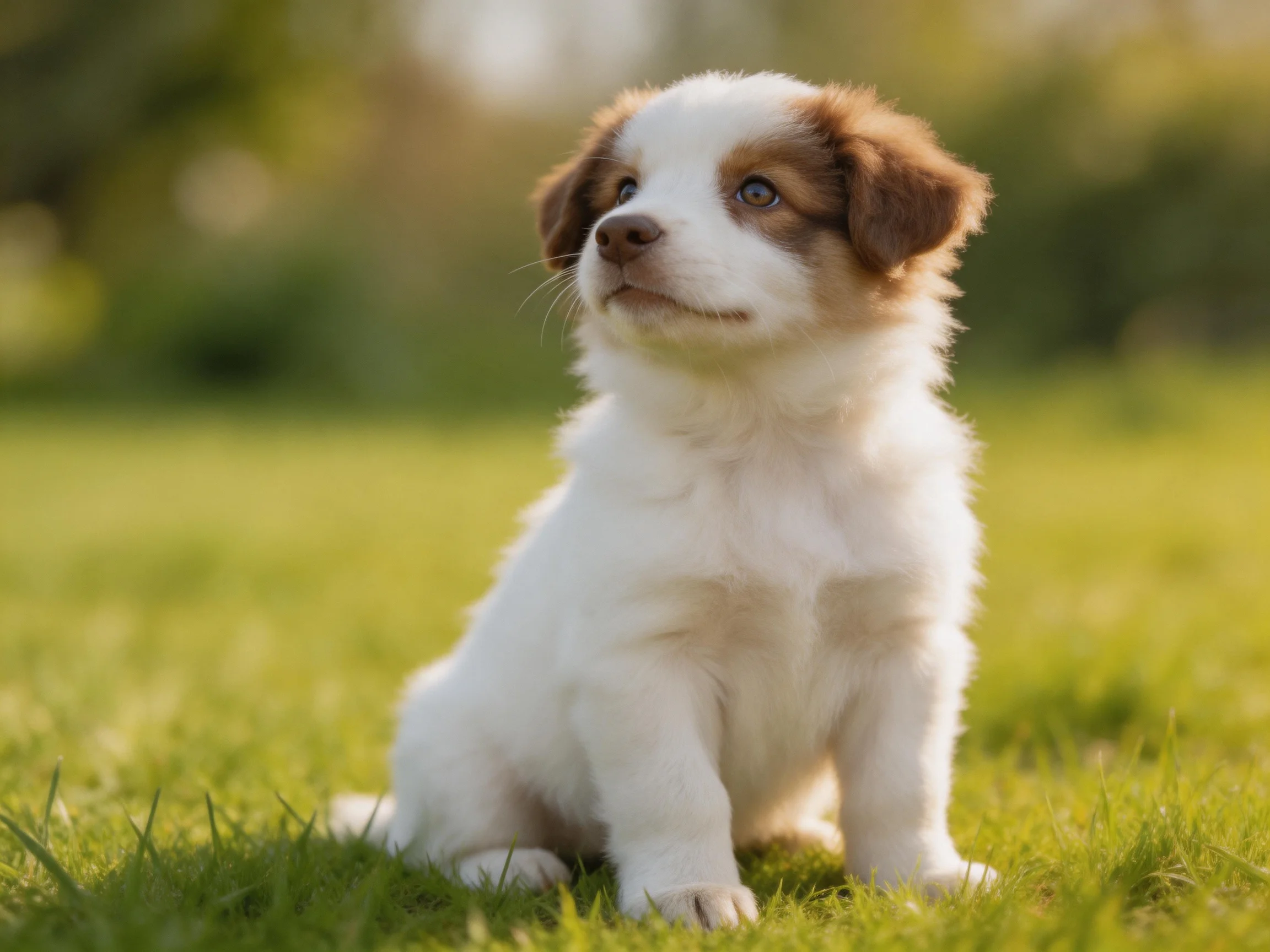 A small white and brown puppy sits calmly on green grass in a sunlit outdoor area.