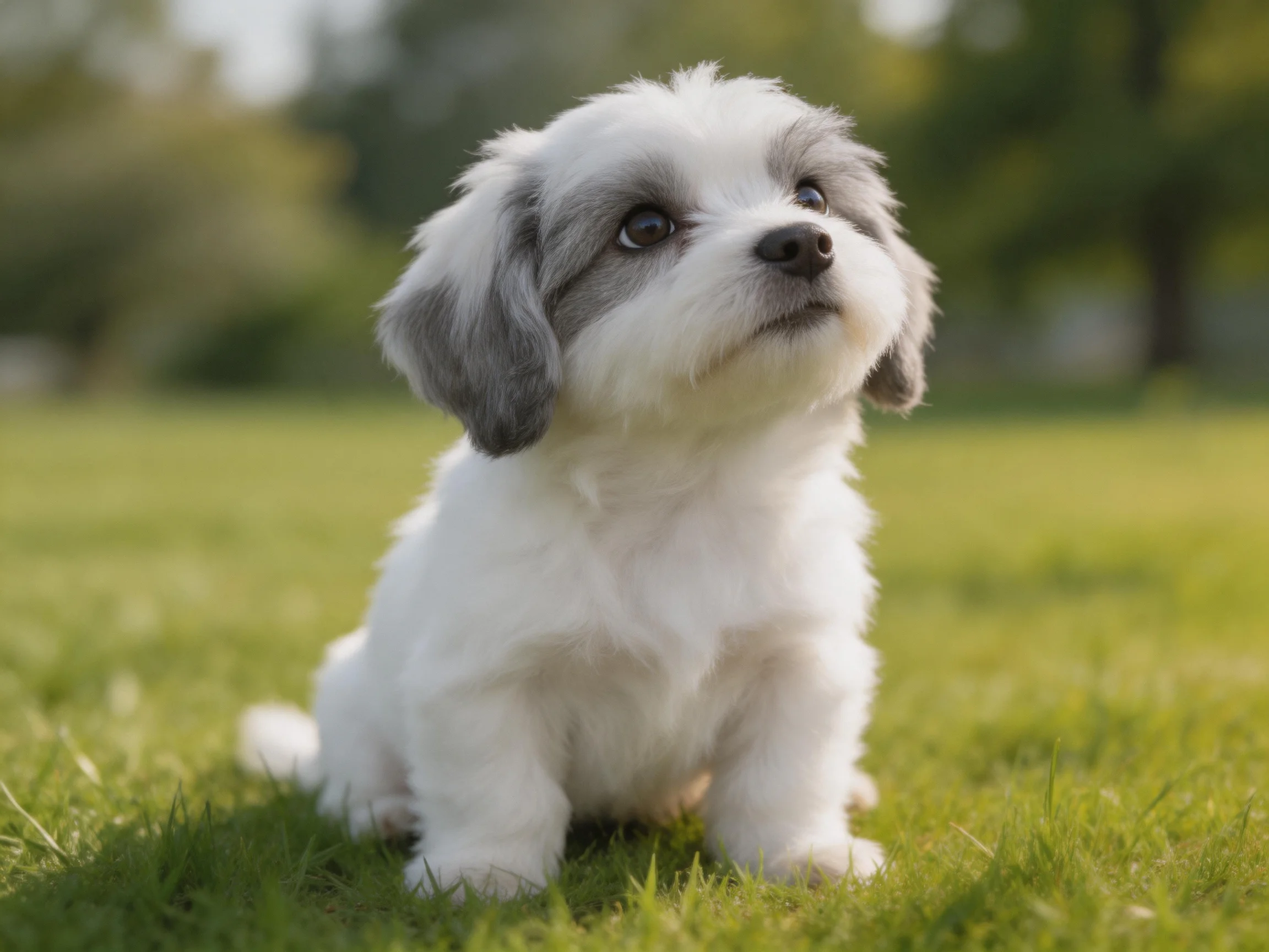A small white and gray puppy sits on green grass.