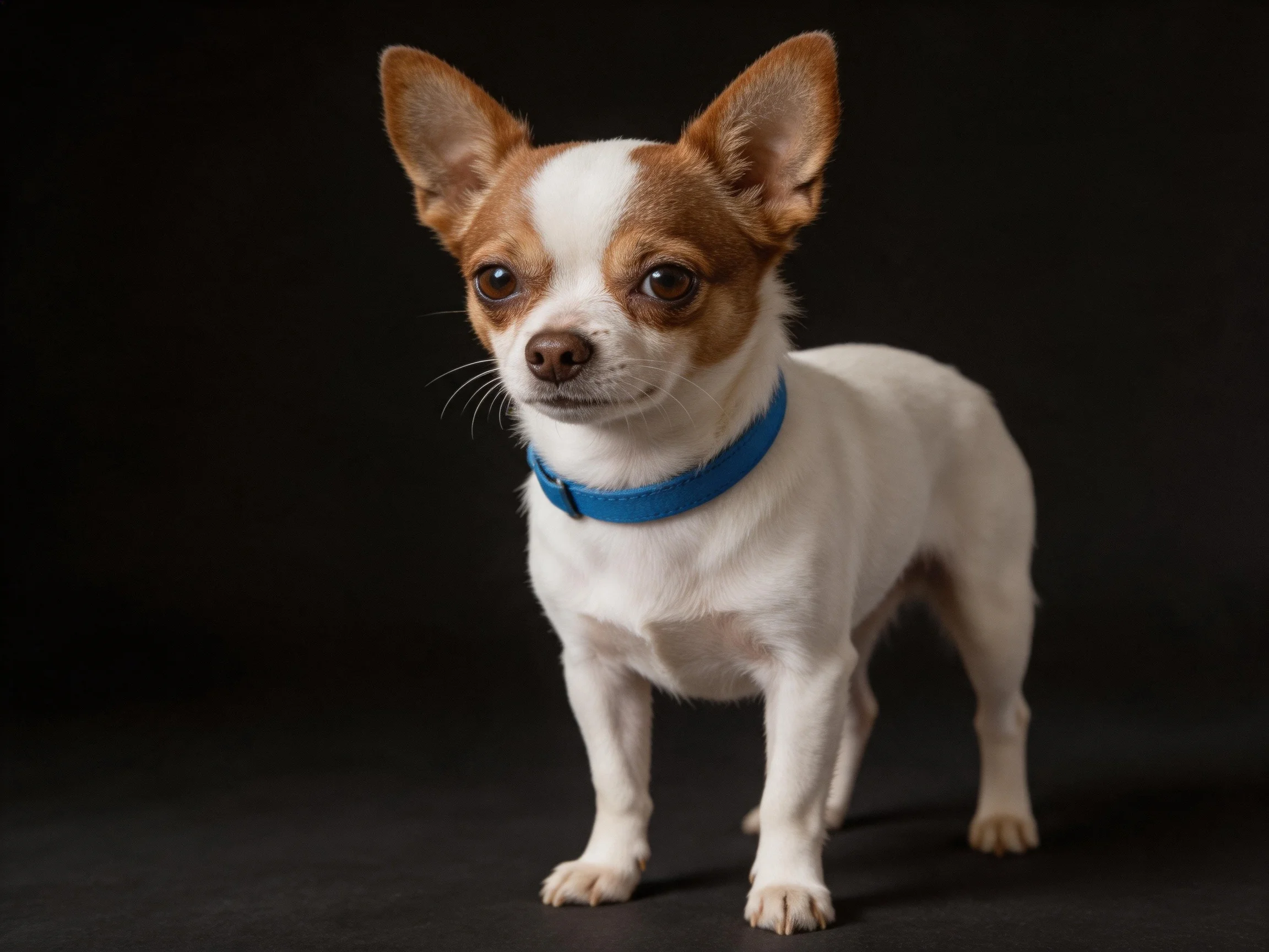 A small white and tan Chihuahua with a bright blue collar