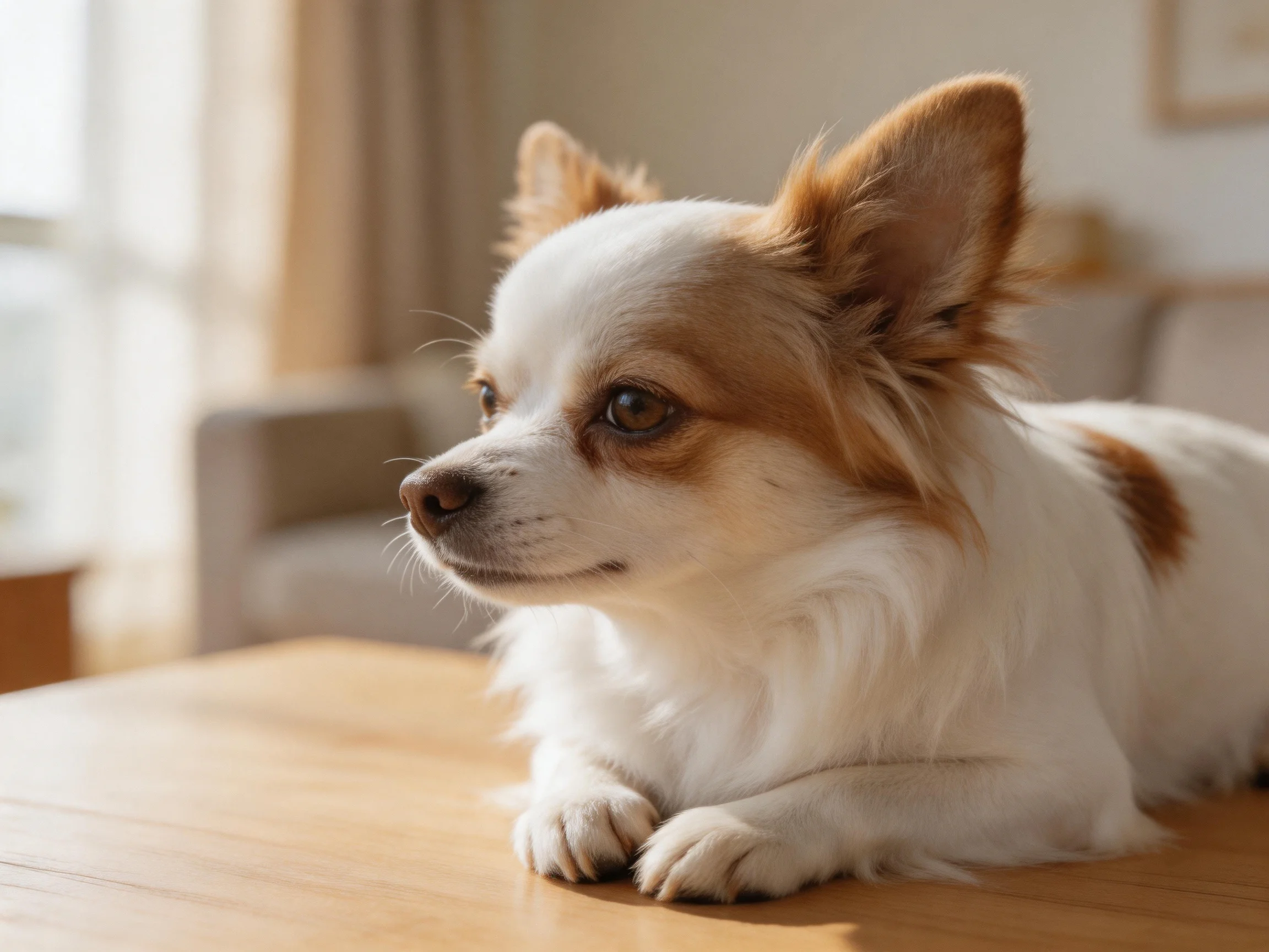 A small dog with white and brown fur relaxes on a wooden surface in an indoor setting.