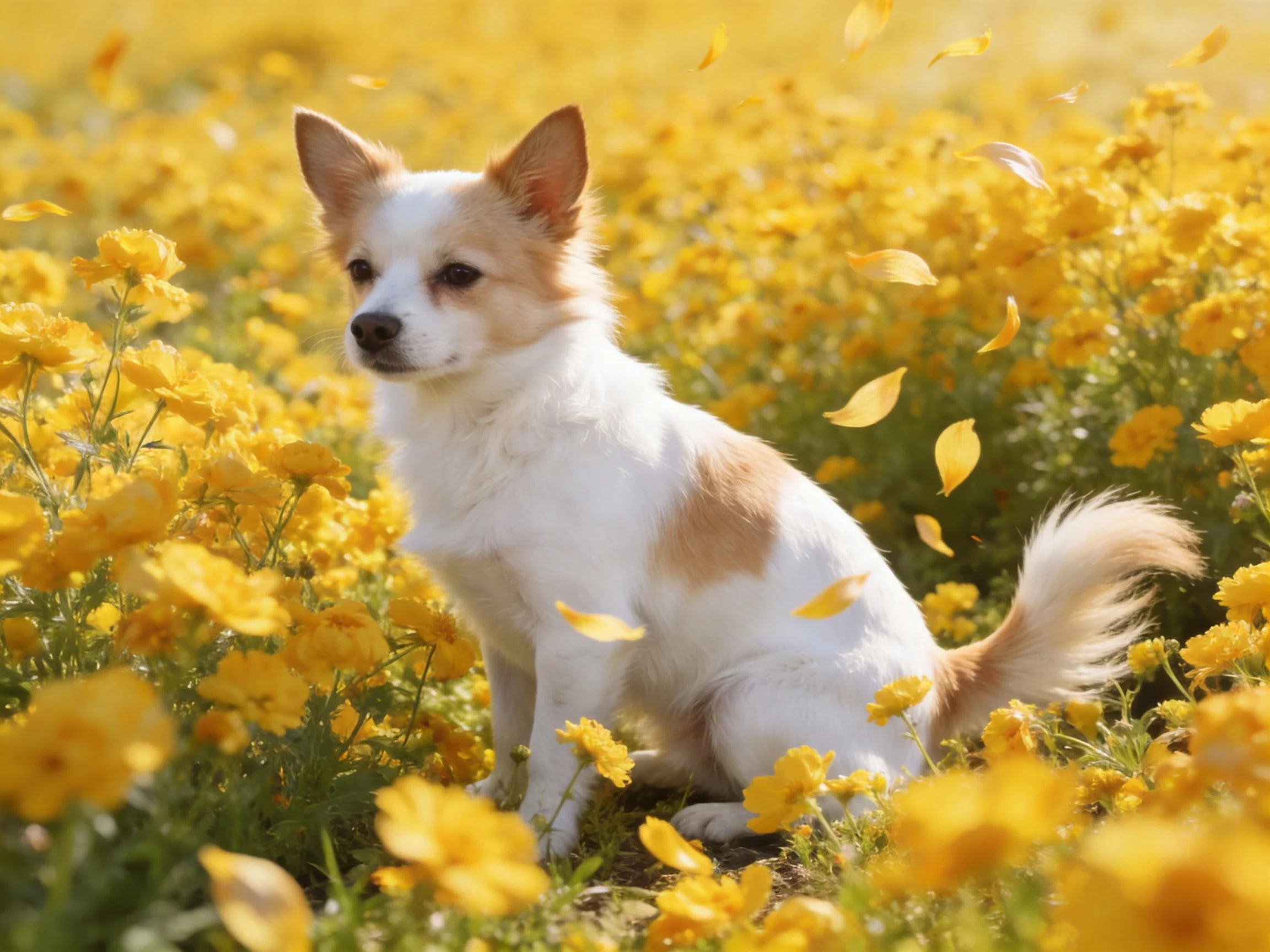 A small dog with white and tan fur sits peacefully among bright yellow flowers