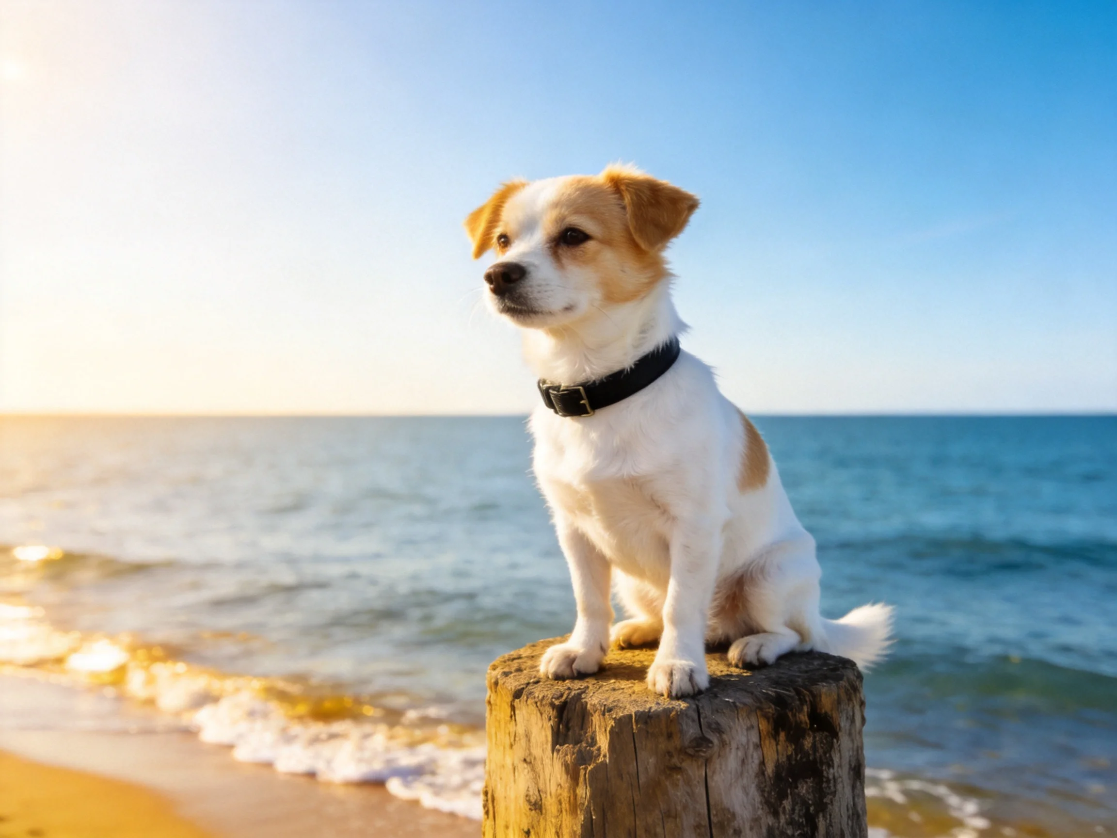 A small dog sits on a wooden post near the shoreline by the ocean.