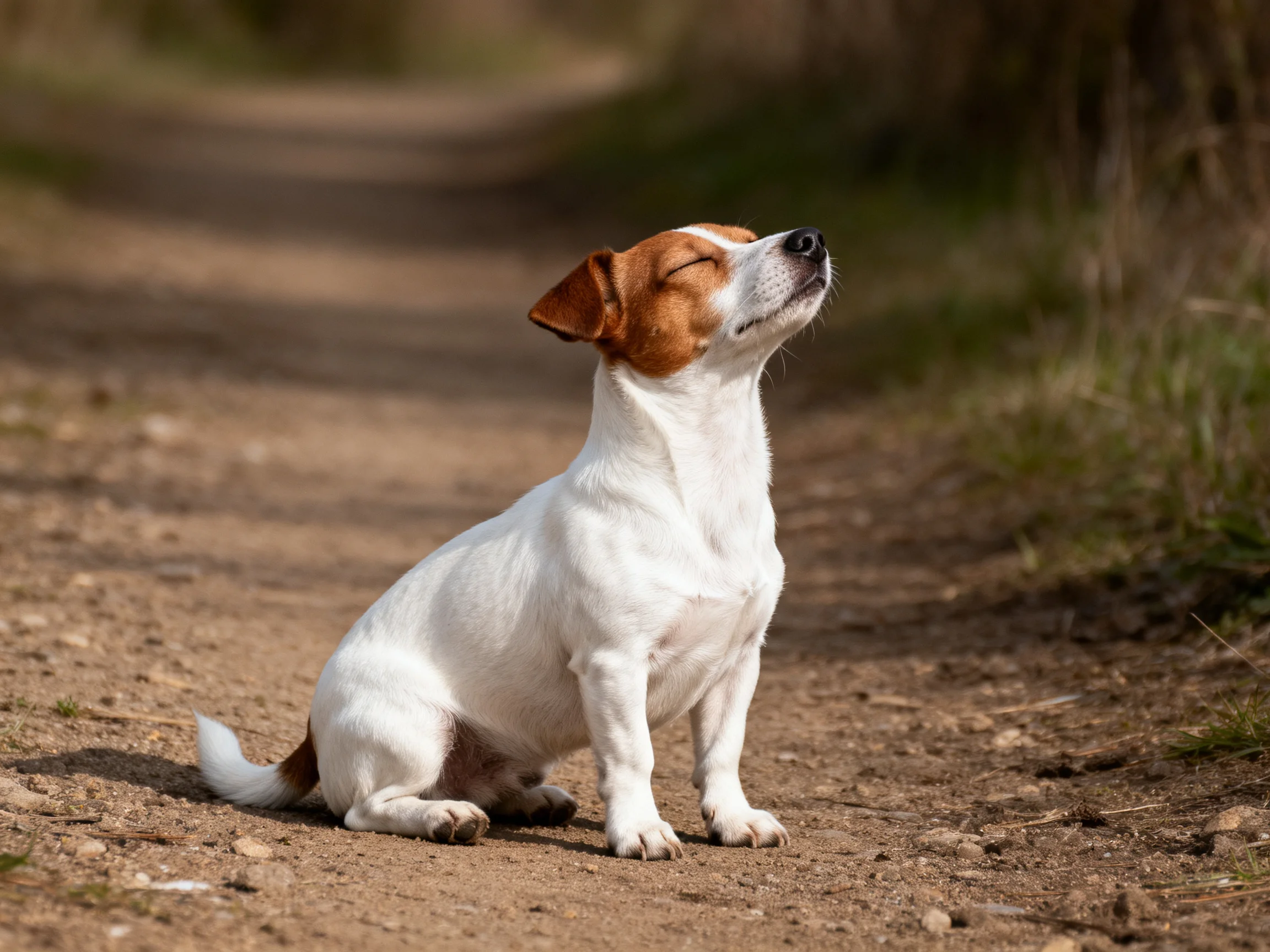 A small white and tan dog sits on a sun path outdoors