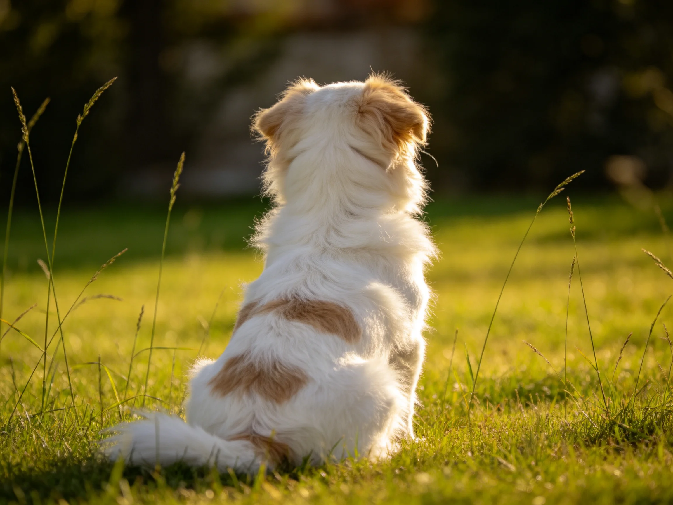 A small white and tan dog sits on sunlit green grass in a sunlit outdoor setting.
