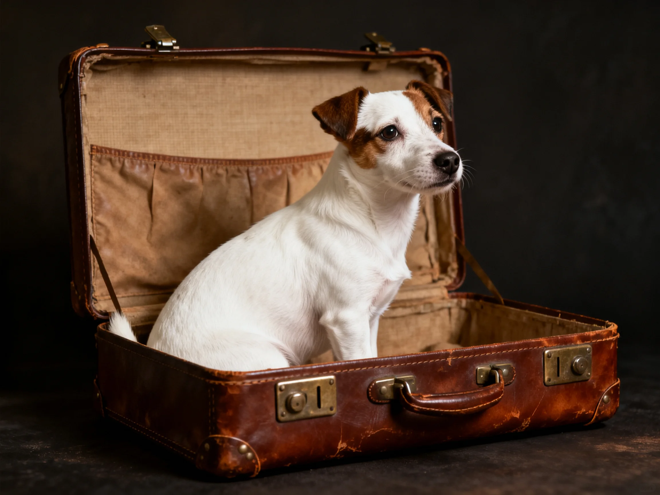 A small white and tan dog sitting inside an aged brown leather suitcase
