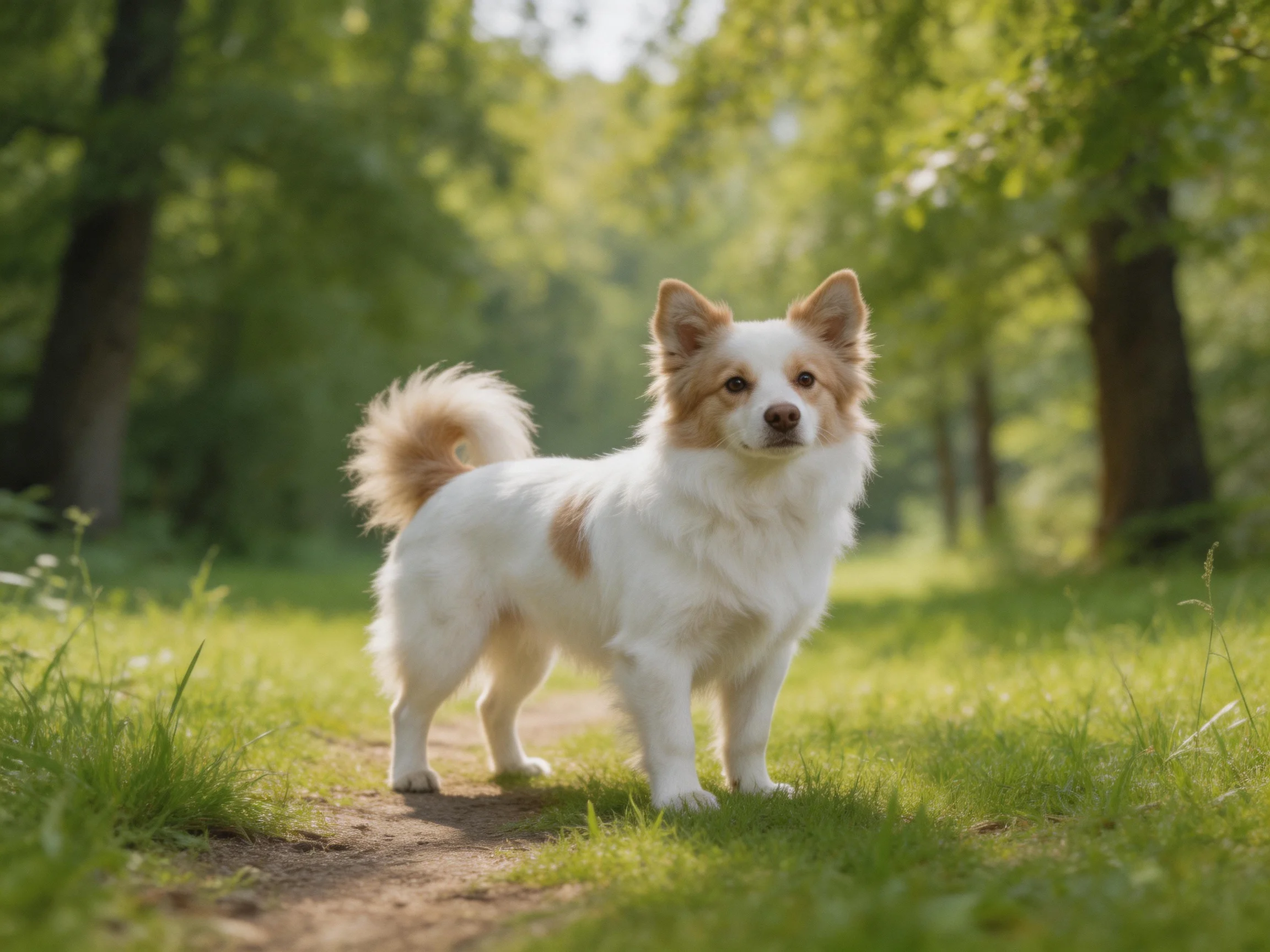 A small white and tan dog stands on a sunlit forest path.