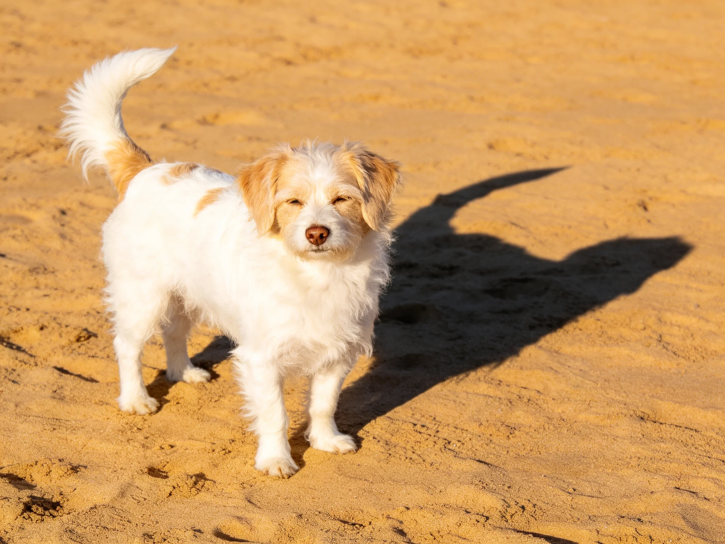 A small white and tan dog stands calmly on golden sand.