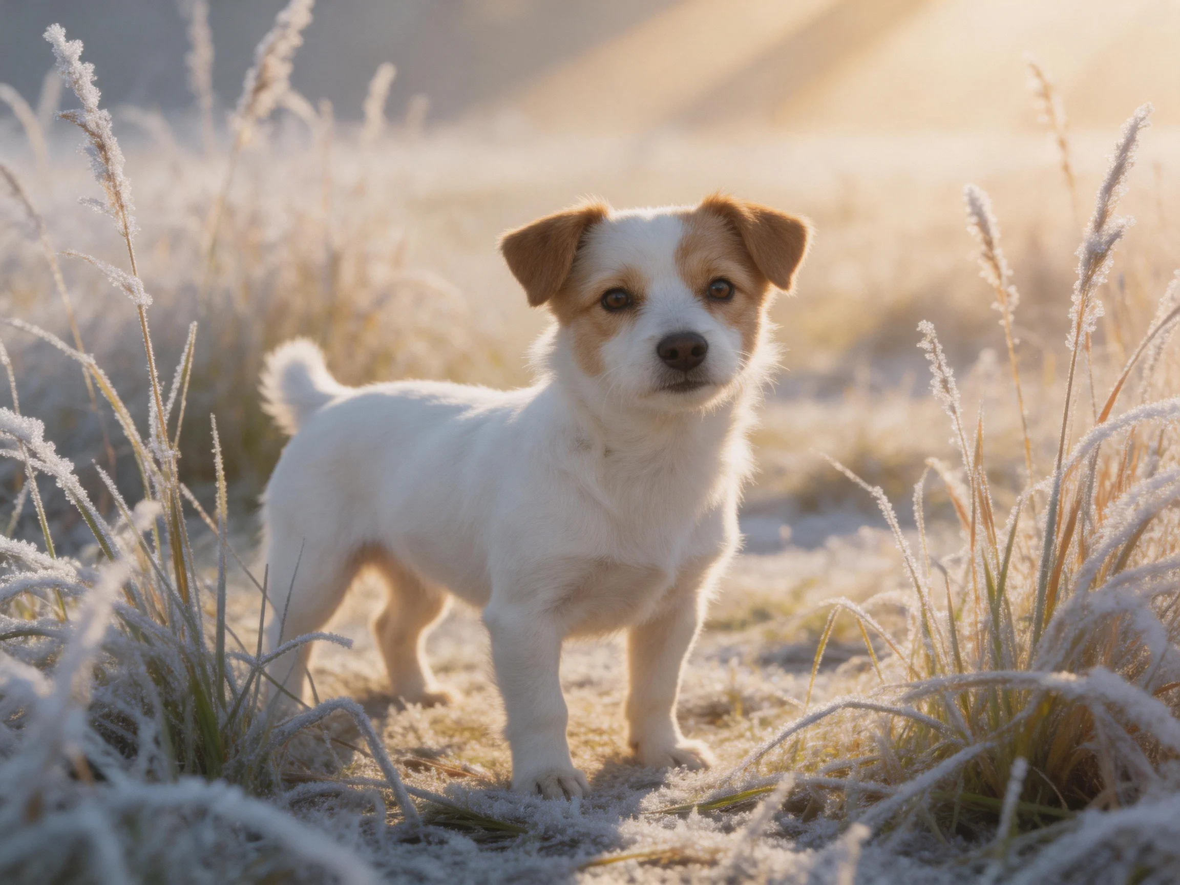 A small dog stands in frosty grass during early morning light.