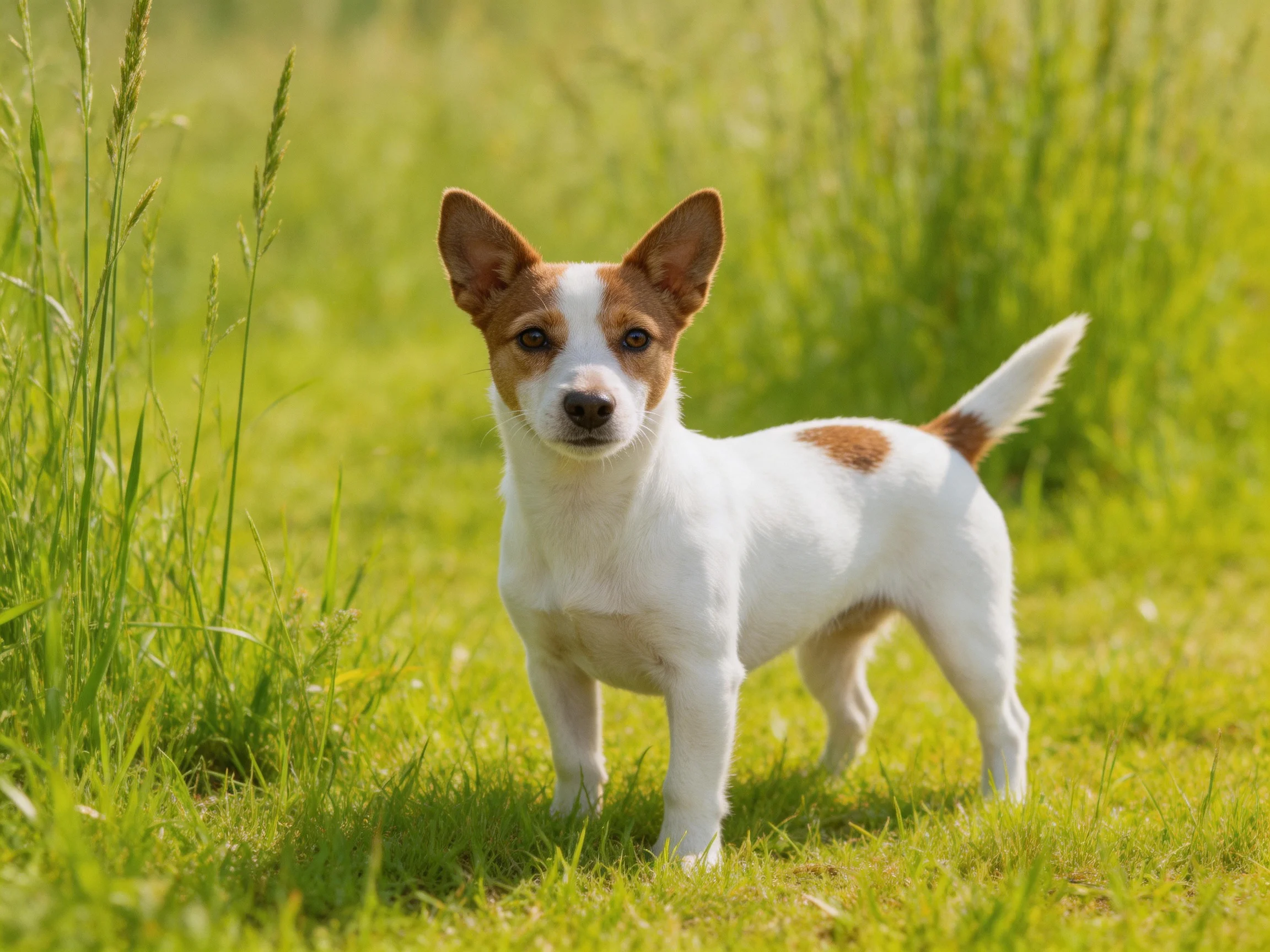A small dog with white and tan fur stands in a sunlit grassy field.