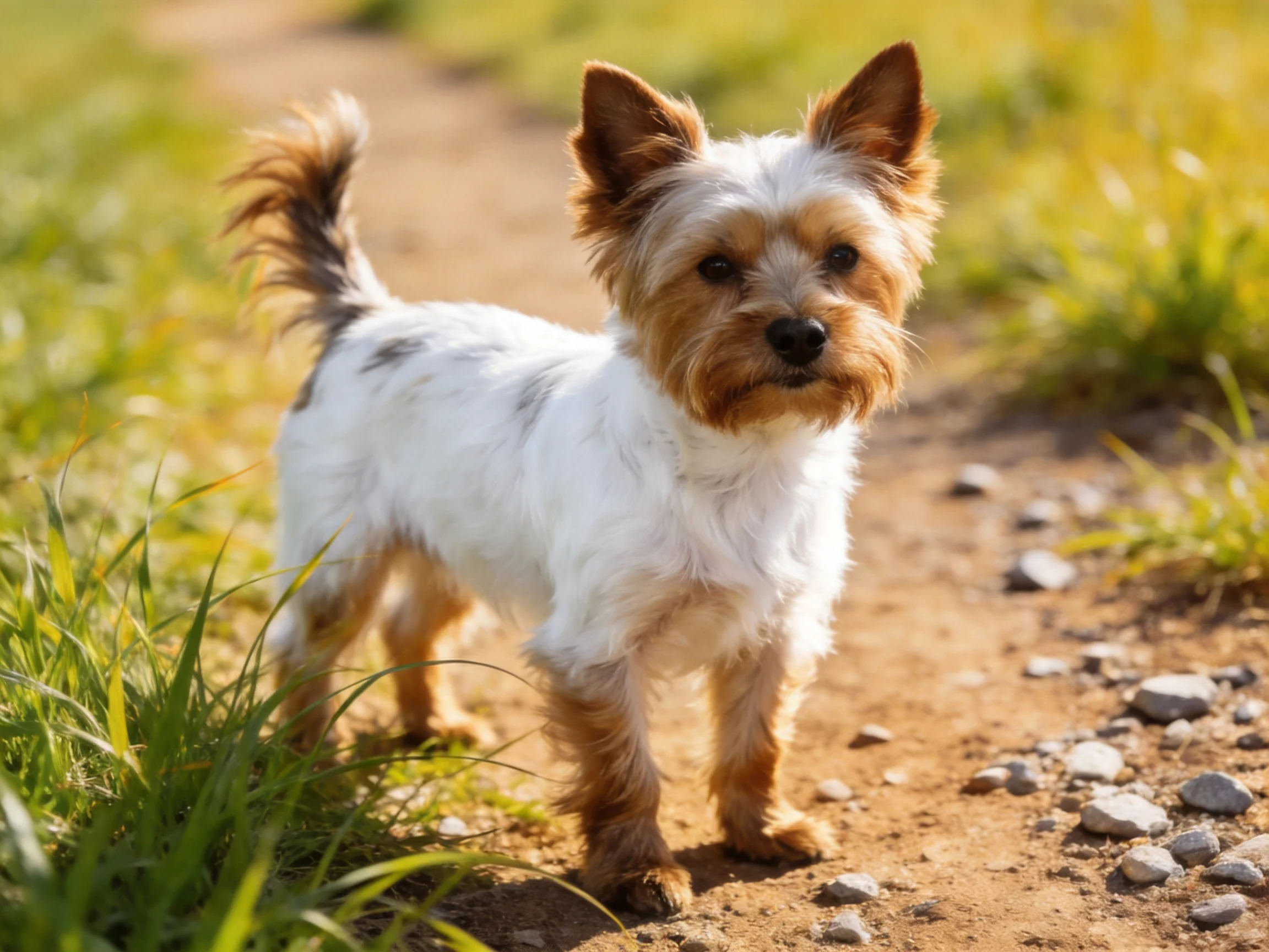A small white and tan dog stands on a sunlit dirt path near lush green grass.