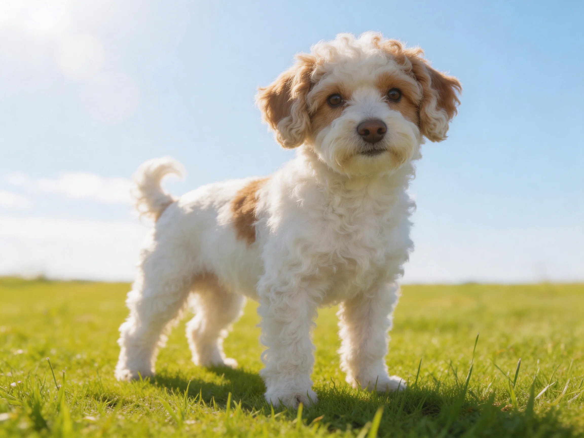 A small white and tan dog stands on grass in a sunlit open field.