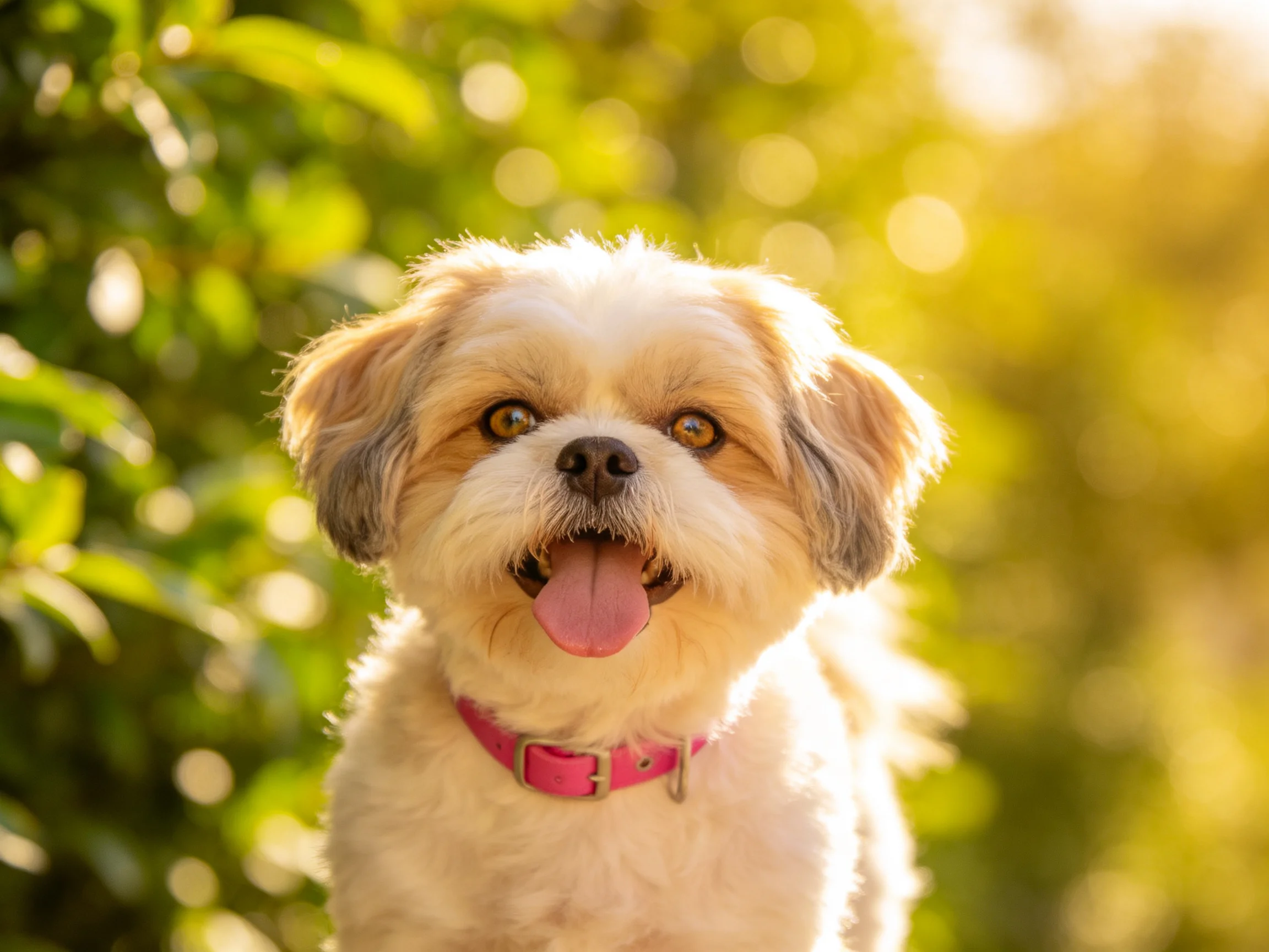 A cheerful small dog with a pink collarstands in a sunlit garden.