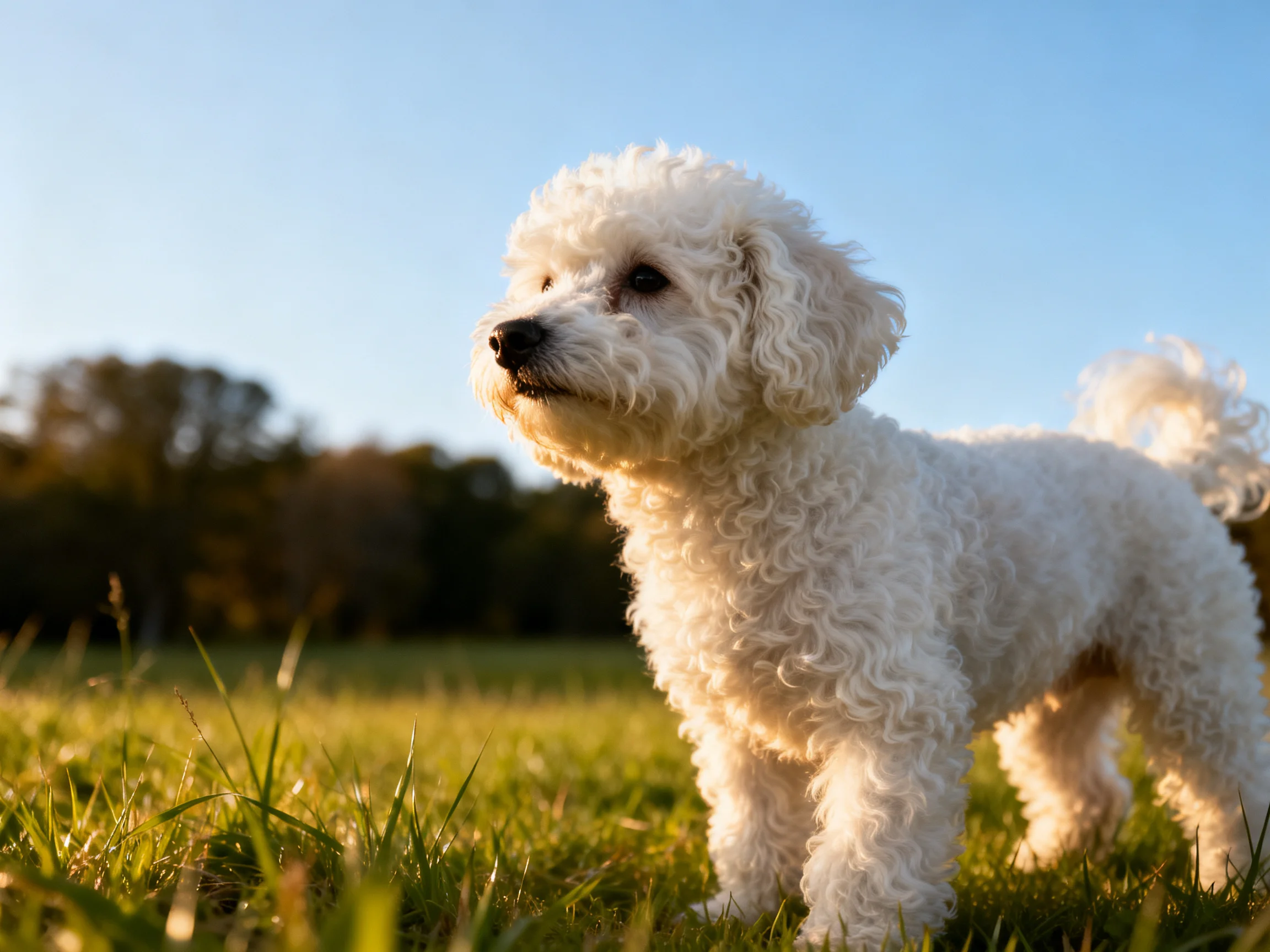 A small white curly - haired dog stands on sunlit green grass near trees and a clear sky