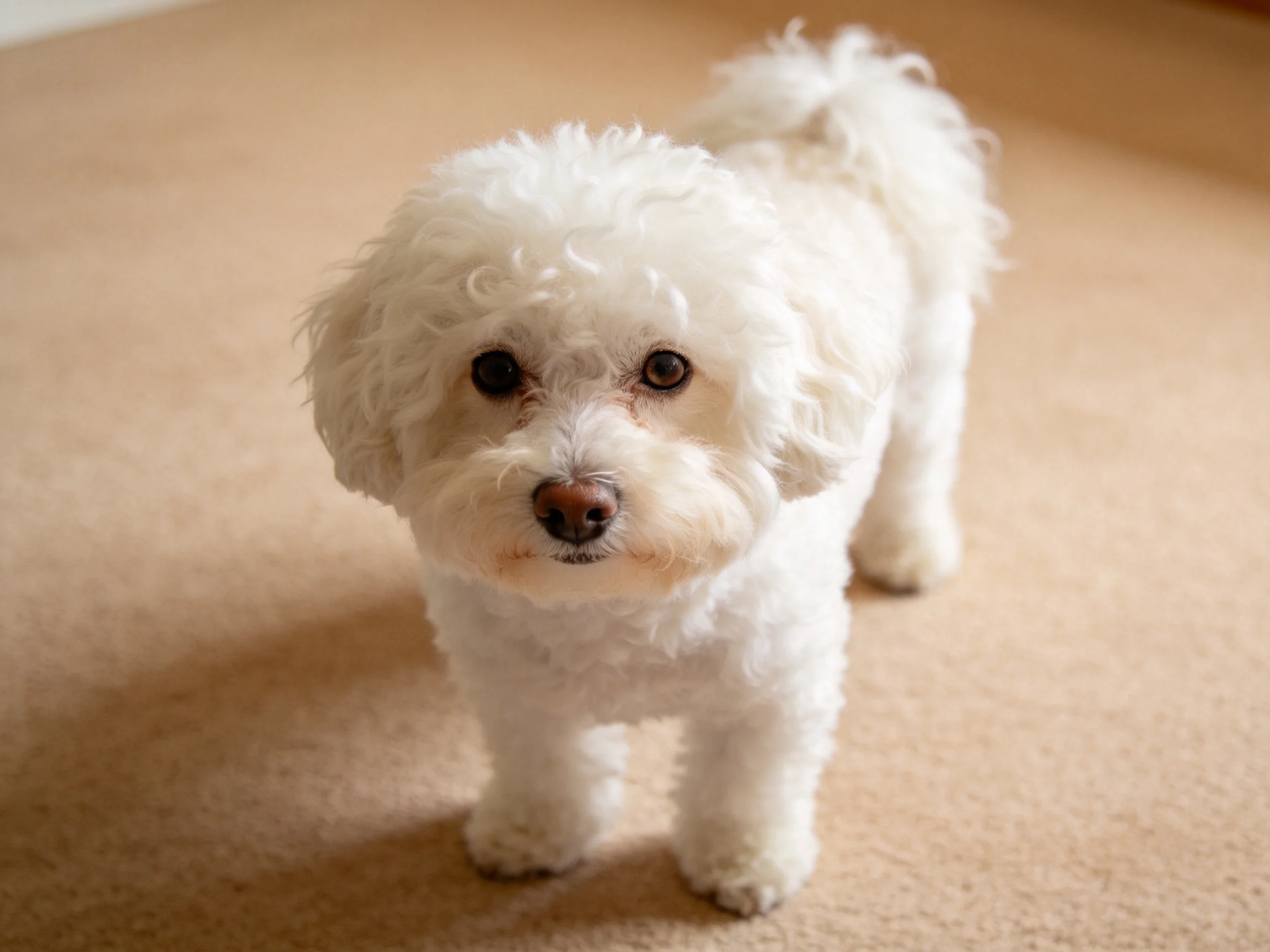 A small white curly-furred dog on a beige carpet