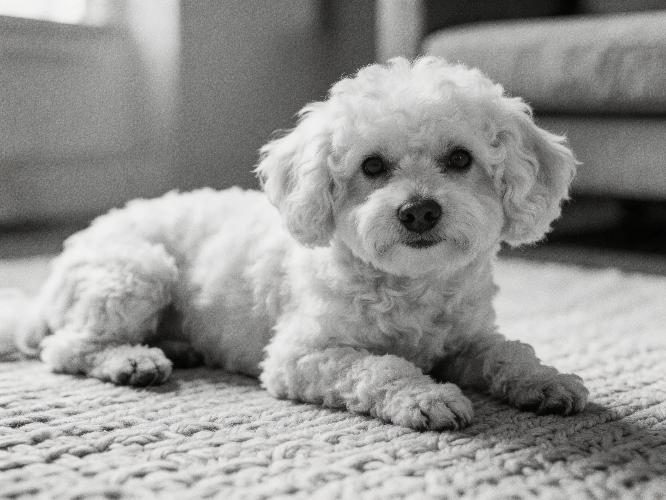 A small white curly-haired dog rests on a textured indoor rug