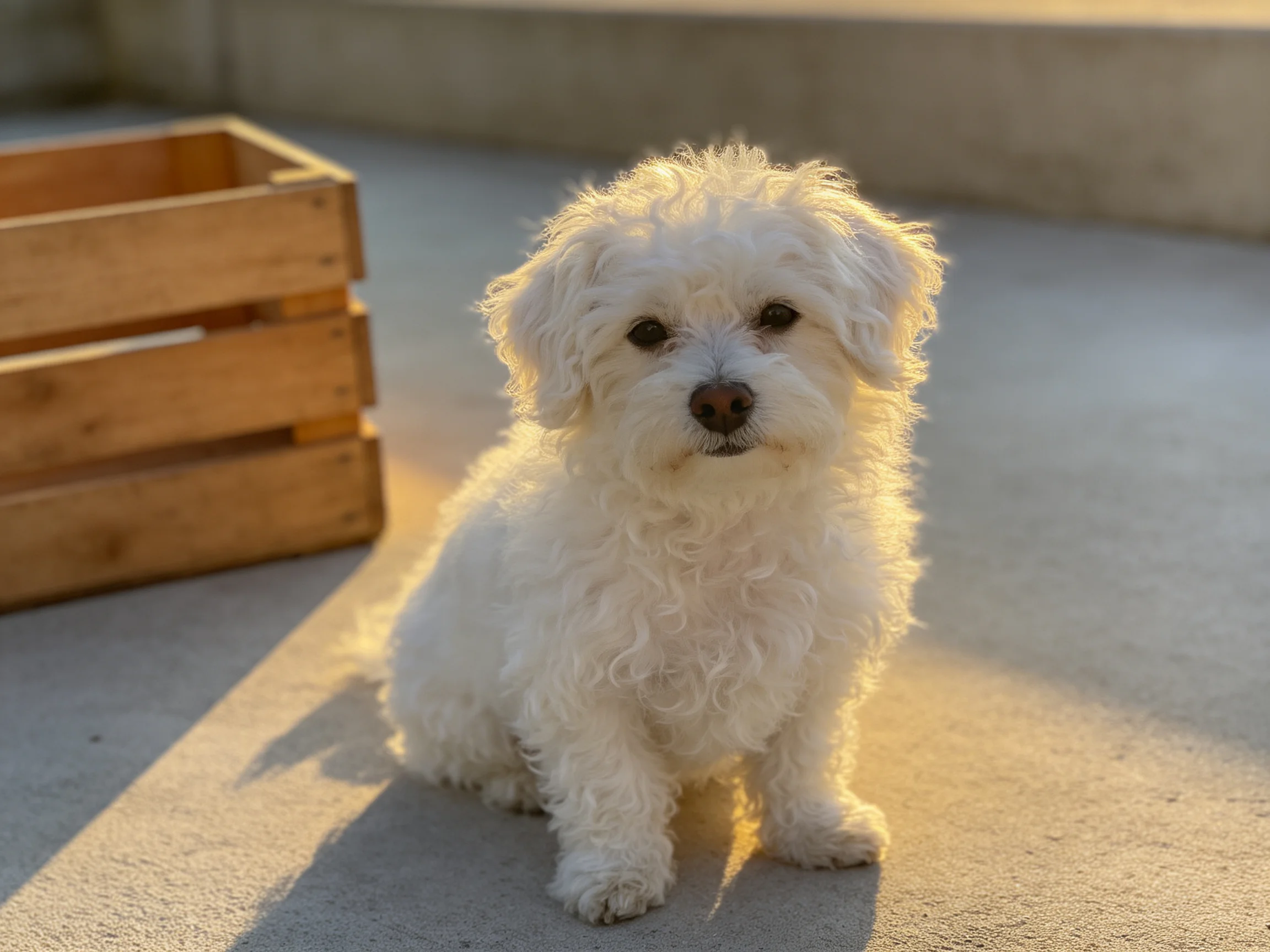 A small white curly-haired dog sits near a wooden crate on a sunlit concrete area