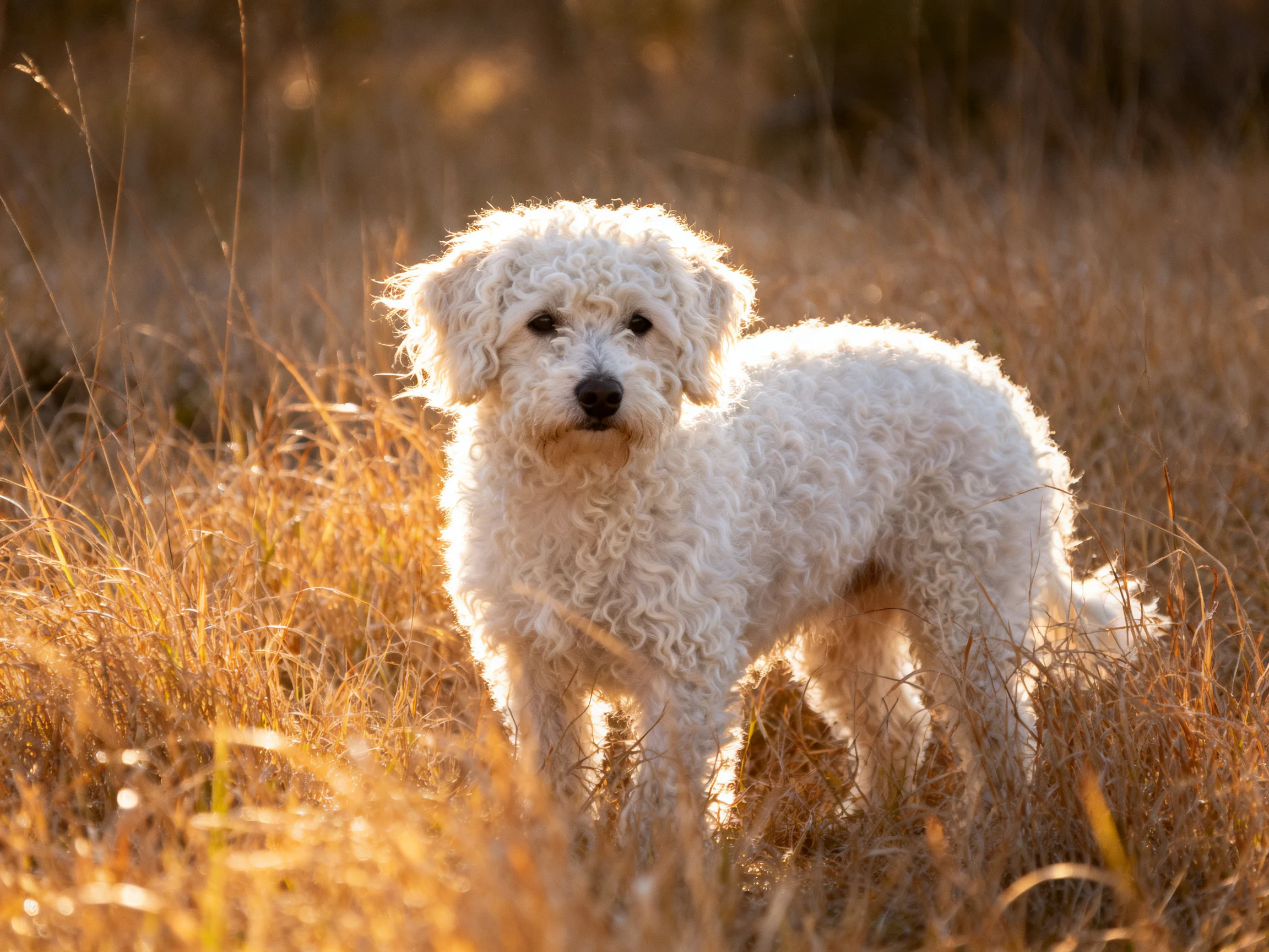 A small white curly-haired dog stands in golden-brown tall grass under sunlight