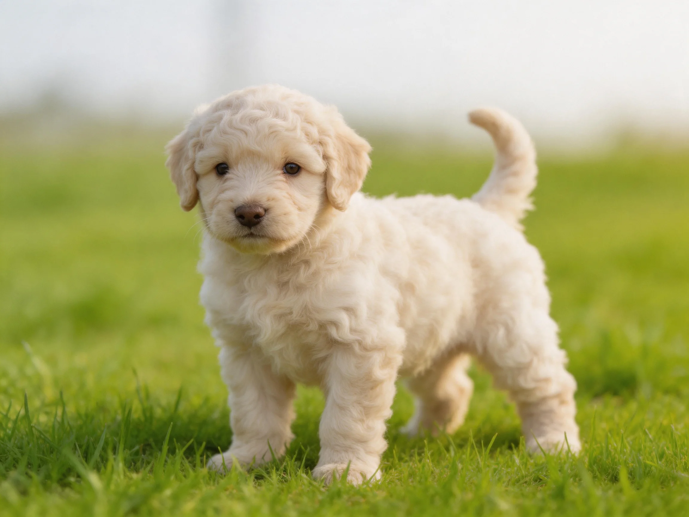 A small white puppy stands on green grass in an outdoor area.