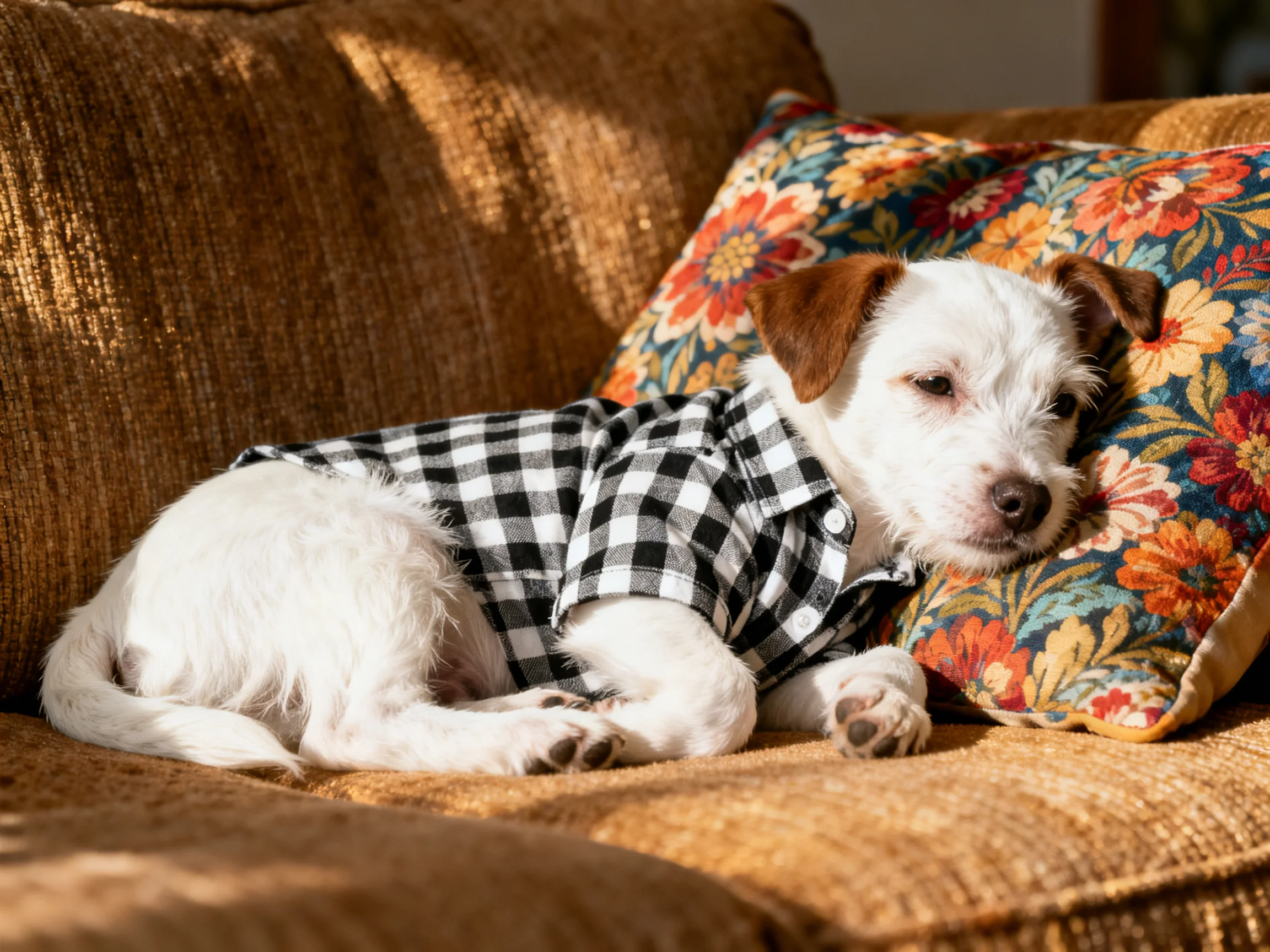 A small white dog wearing a checkered shirt relaxes on a brown couch near colorful pillows.