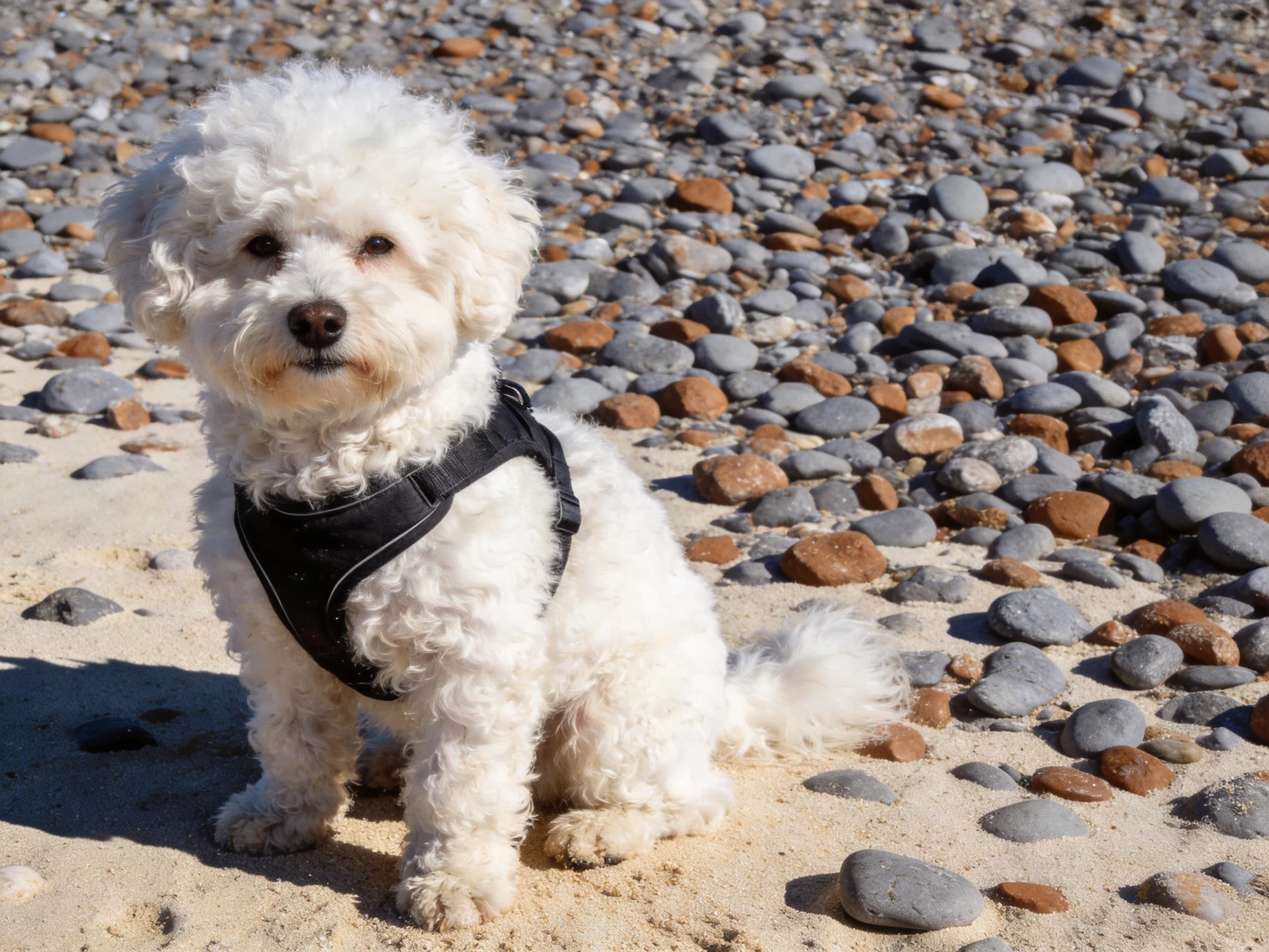 A small white dog with a black harness sits on a pebbly sandy shore.