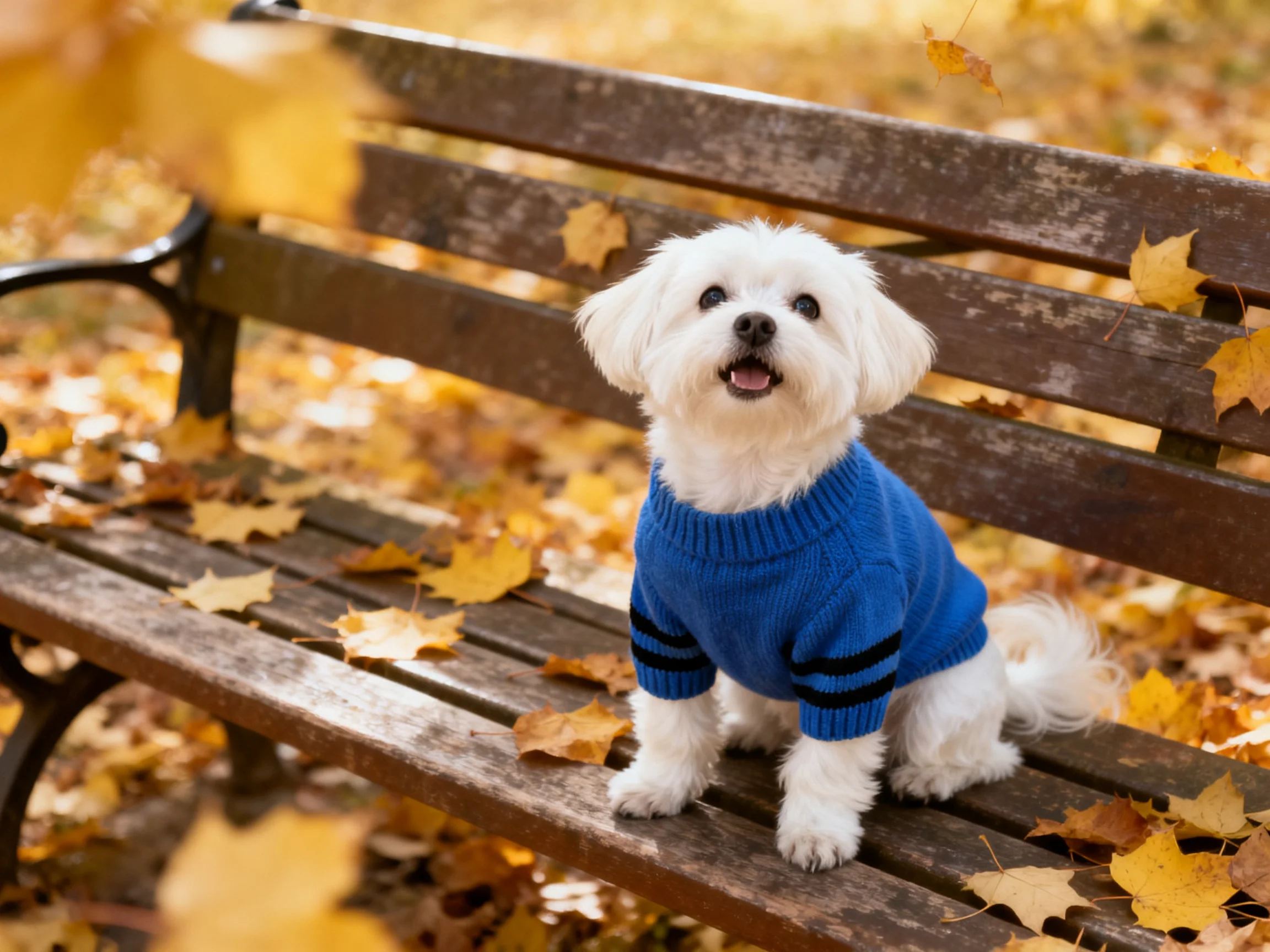 A small white dog in a blue sweater sits on a wooden bench amid autumn leaves