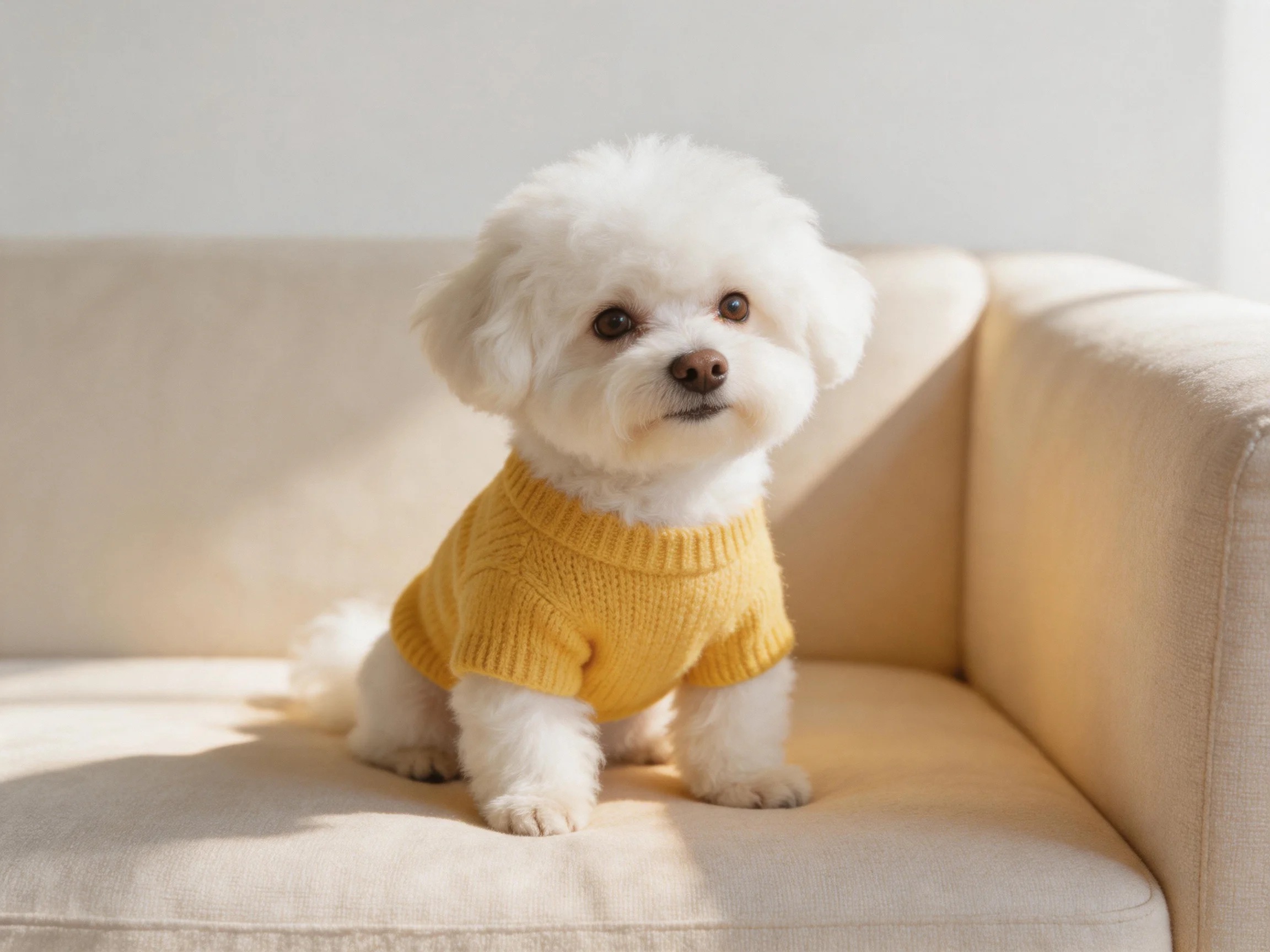 A small white dog wears a yellow sweater while seated on a beige couch.
