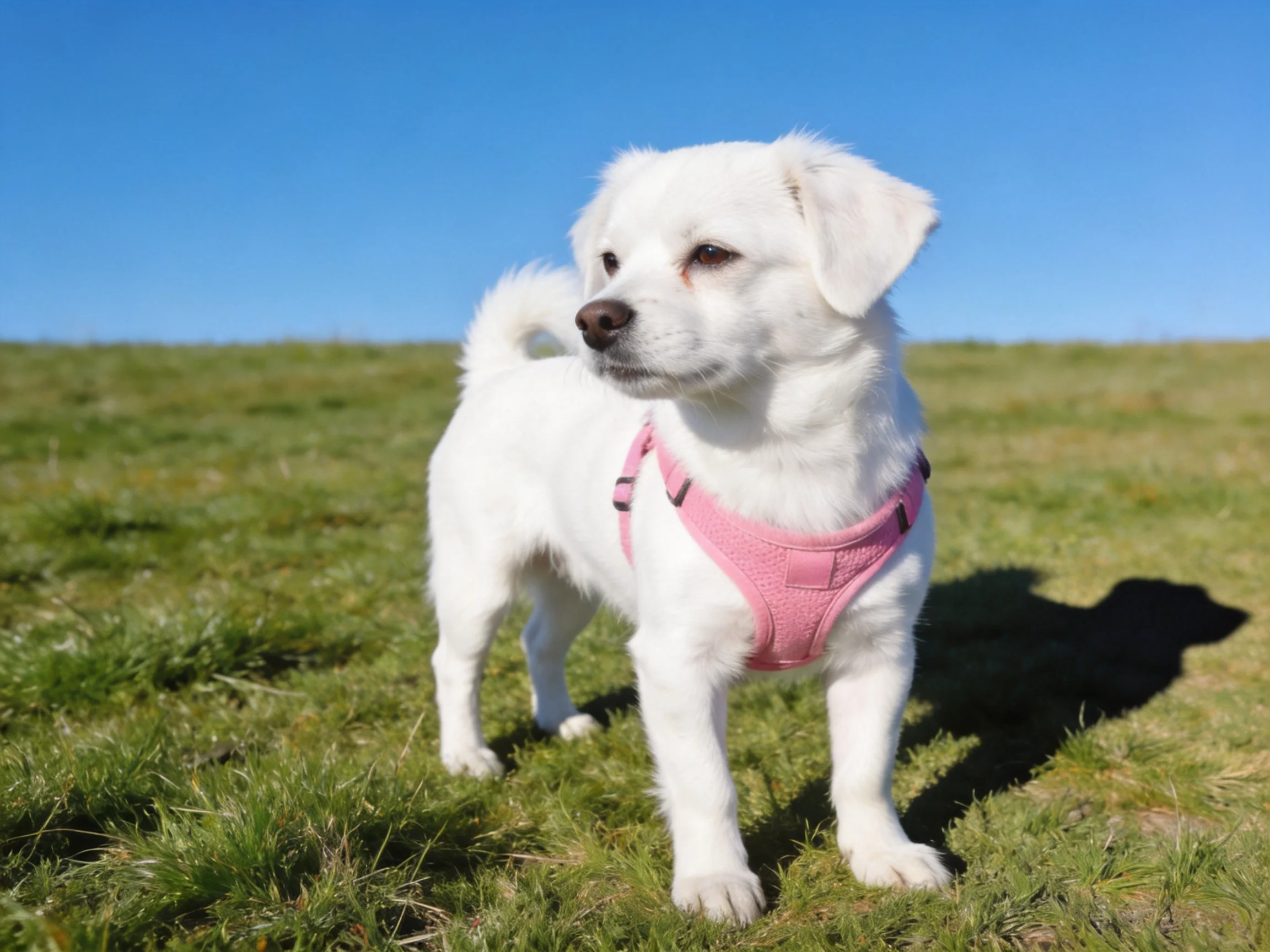 A small white dog in a pink harness stands on grassy terrain