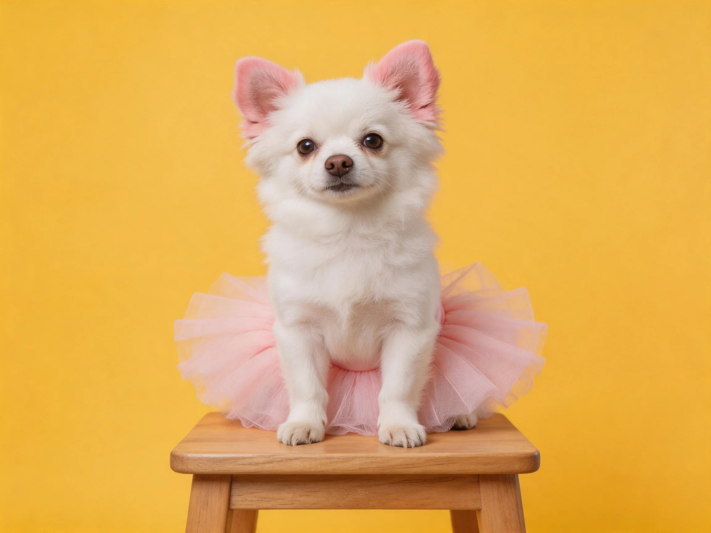 A small white dog in a pink tutu sits on a wooden stool against a yellow background.