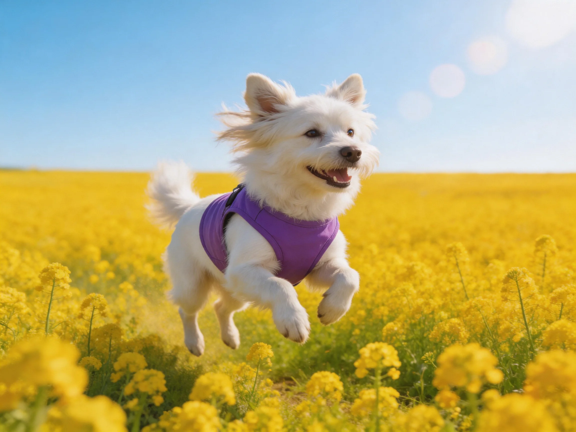 A small white dog in a purple harness leaps through a vast yellow flower field